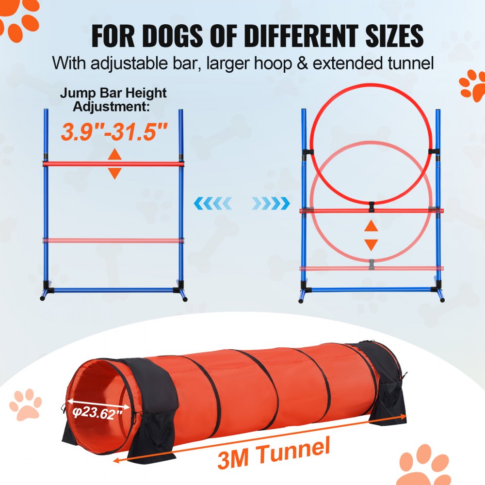 VEVOR Dog Agility Training Equipment, 5-Piece Upgrade Set with Adjustable High Hurdles, 6 Slalom Poles, Extended Tunnel, Jump Ring, Rest Box, Whistle, Collapsible Bowl, Puppy Obstacle Course Set with Storage Bag