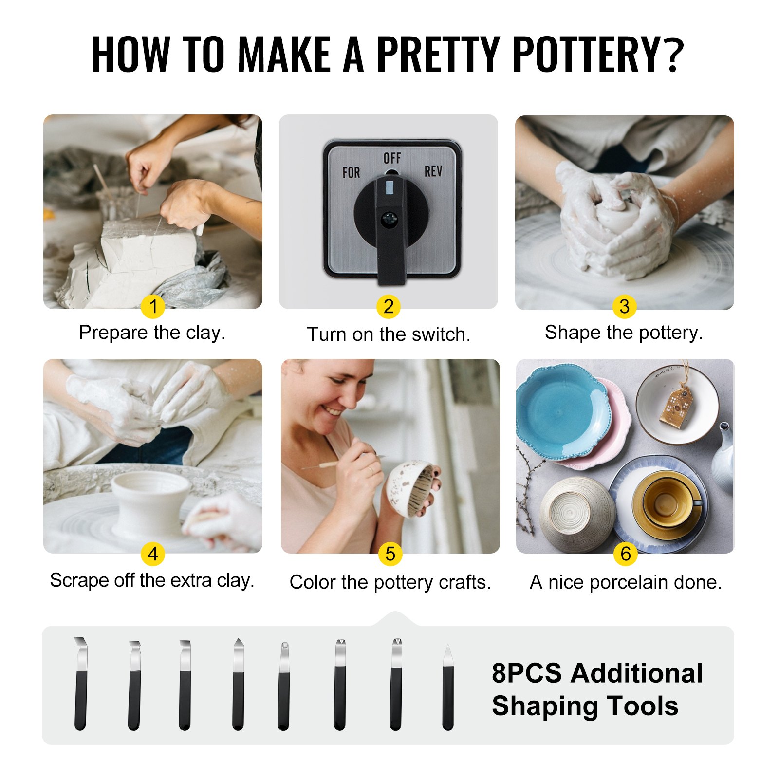 VEVOR Ceramic Wheel Machine 280W Electric Pottery 25cm Ceramic Wheel Machine 220V Wheel Machine DIY Adjustable Feet with Sculpting Set Electric Pottery Wheel Machine with Foot Pedal and Sink