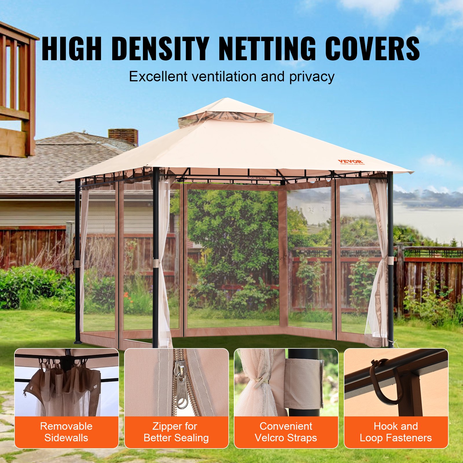 VEVOR Gazebo da Patio per 6-8 Persone 10 x 10 Piedi, con zanzariera, Struttura in Metallo e Poliestere 180G Rivestito in PU, Tettoia da Esterno per Patio, Cortile, Prato, Giardino, Terrazza