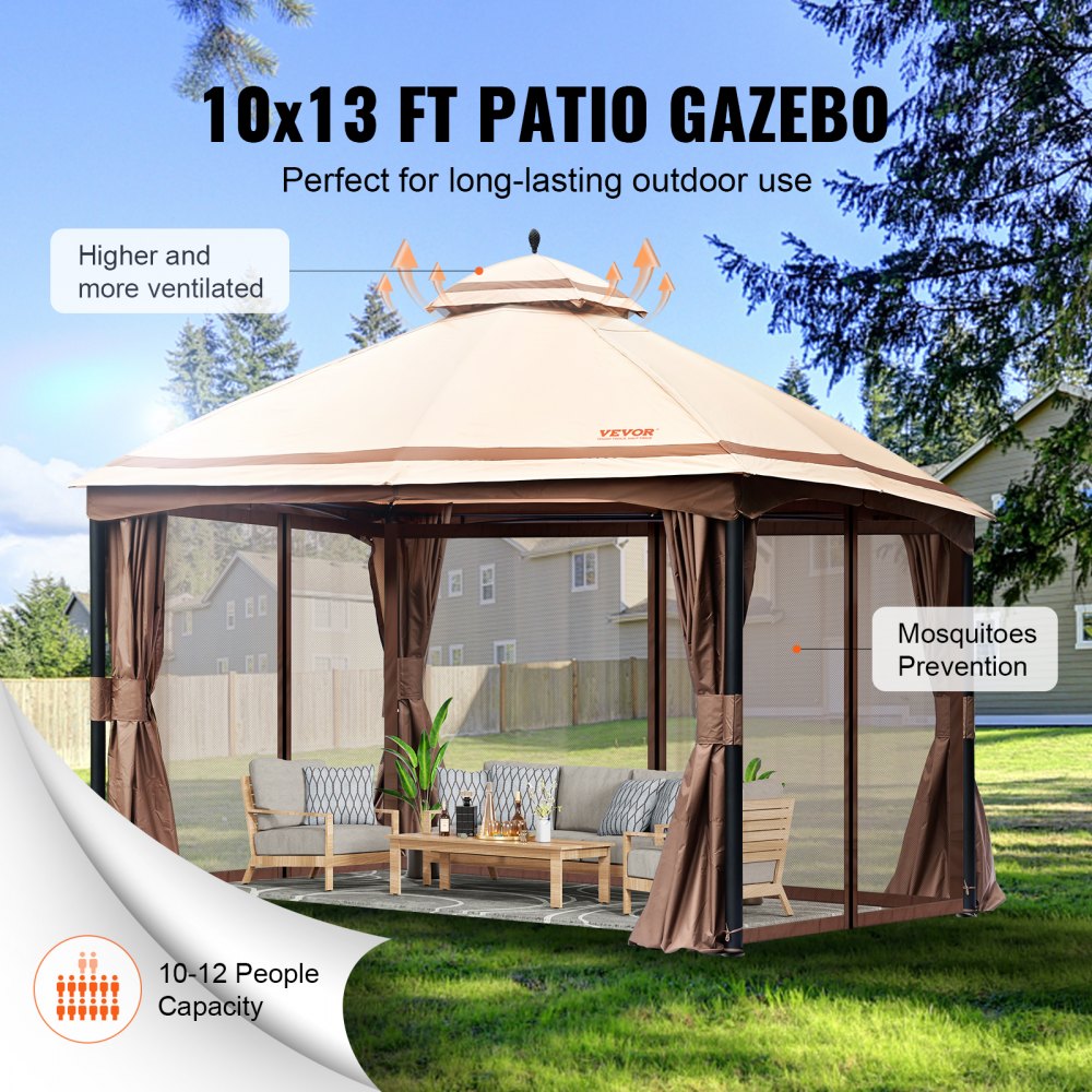 VEVOR Gazebo da Patio per 10-12 Persone, Gazebo da Cortile 10 x 13 Piedi, con zanzariera, Poliestere 180G Rivestito in PU, Tettoia da Esterno per Patio, Cortile, Prato, Giardino, Terrazza