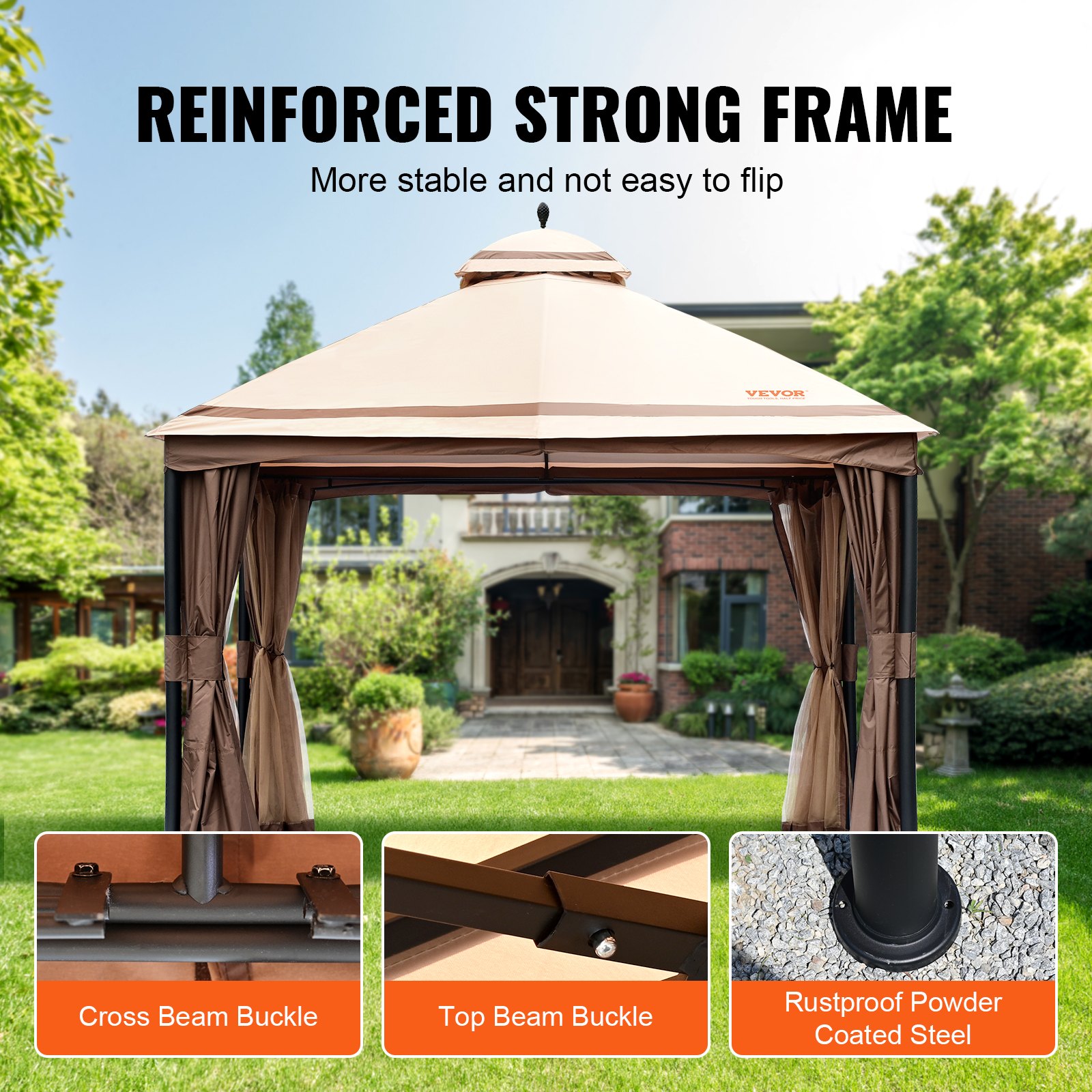 VEVOR Gazebo da Patio per 10-12 Persone, Gazebo da Cortile 10 x 13 Piedi, con zanzariera, Poliestere 180G Rivestito in PU, Tettoia da Esterno per Patio, Cortile, Prato, Giardino, Terrazza