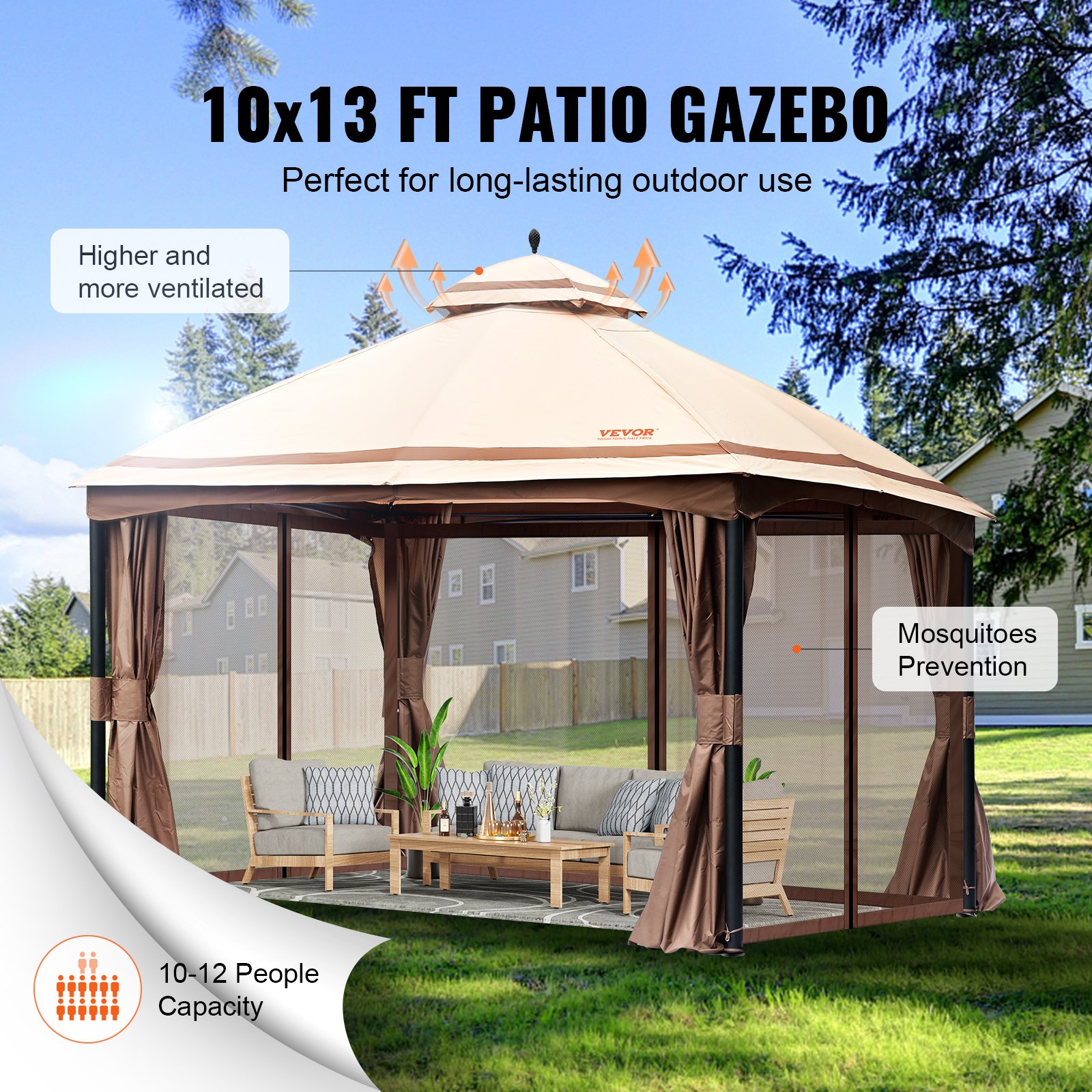 VEVOR Gazebo da Patio per 10-12 Persone, Gazebo da Cortile 10 x 13 Piedi, con zanzariera, Poliestere 180G Rivestito in PU, Tettoia da Esterno per Patio, Cortile, Prato, Giardino, Terrazza