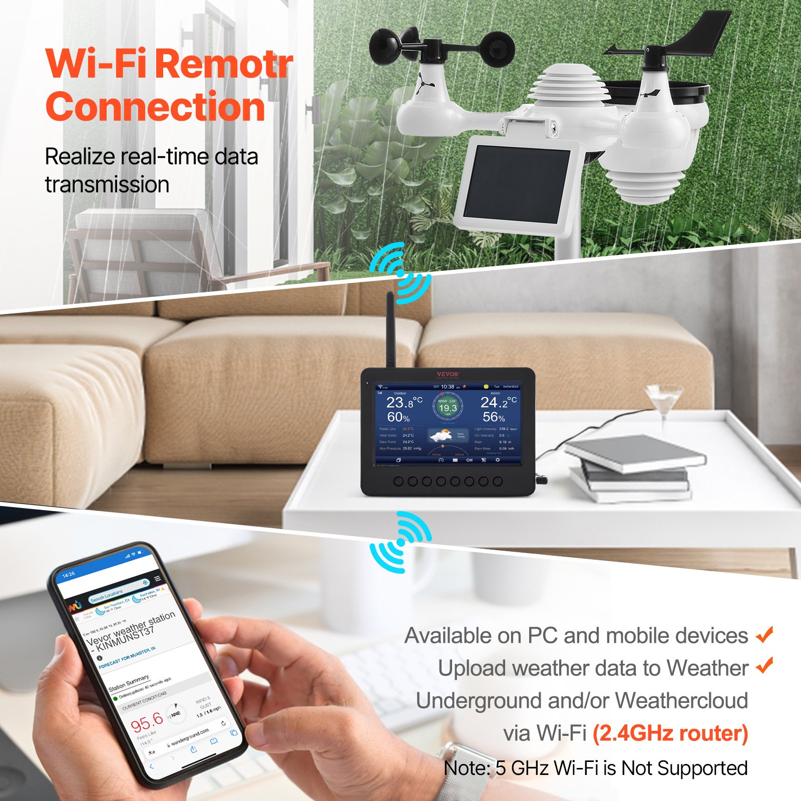 VEVOR Stazione Meteorologica Wi-Fi 7 in 1 Display 186mm (7 in) TFT Sensore Esterno Wireless