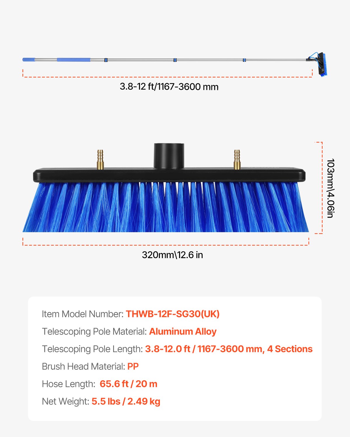 VEVOR Telescopic Washing Brush with Telescopic Handle, 3.6 m long telescopic pole with extendable grip, 180° rotating brush head & 20 m hose, for household & outdoor use for caravan solar panel decks