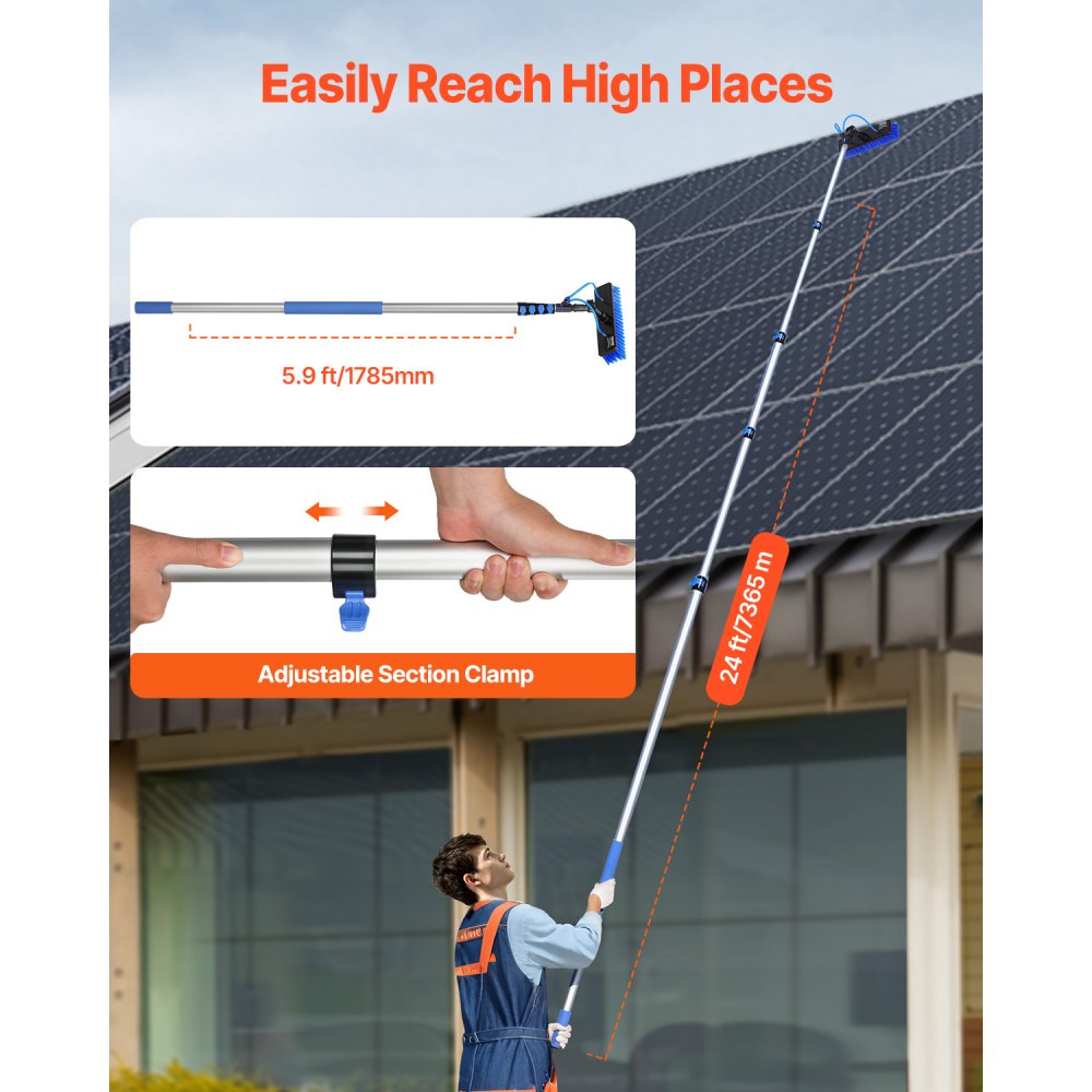 VEVOR Telescopic Wash Brush with Telescopic Handle, 7.3 m Long Telescopic Pole with Extendable Grip, 180° Rotating Brush Head & 20 m Hose, for Household & Outdoor Use, Solar Panel Decks in Caravans