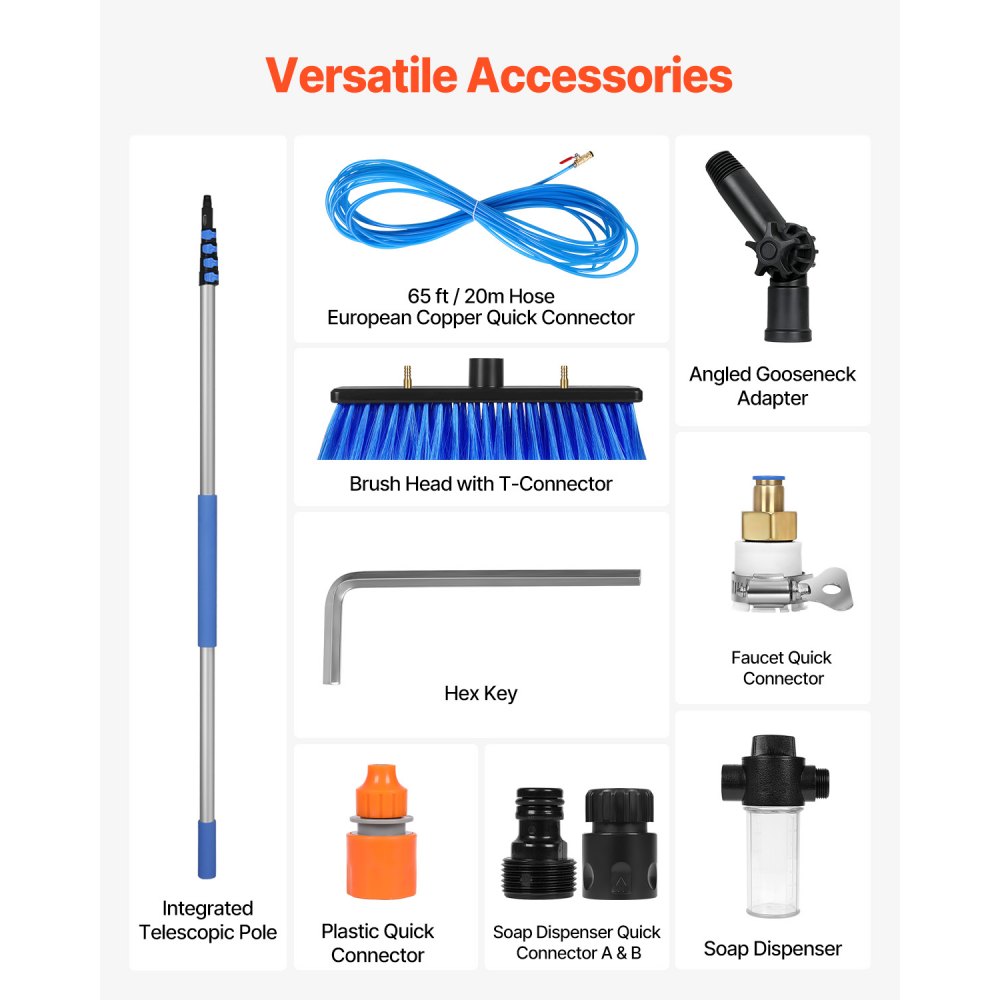VEVOR Telescopic Wash Brush with Telescopic Handle, 7.3 m Long Telescopic Pole with Extendable Grip, 180° Rotating Brush Head & 20 m Hose, for Household & Outdoor Use, Solar Panel Decks in Caravans