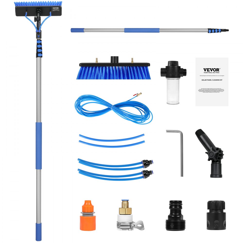 VEVOR Telescopic Wash Brush with Telescopic Handle, 7.3 m Long Telescopic Pole with Extendable Grip, 180° Rotating Brush Head & 20 m Hose, for Household & Outdoor Use, Solar Panel Decks in Caravans