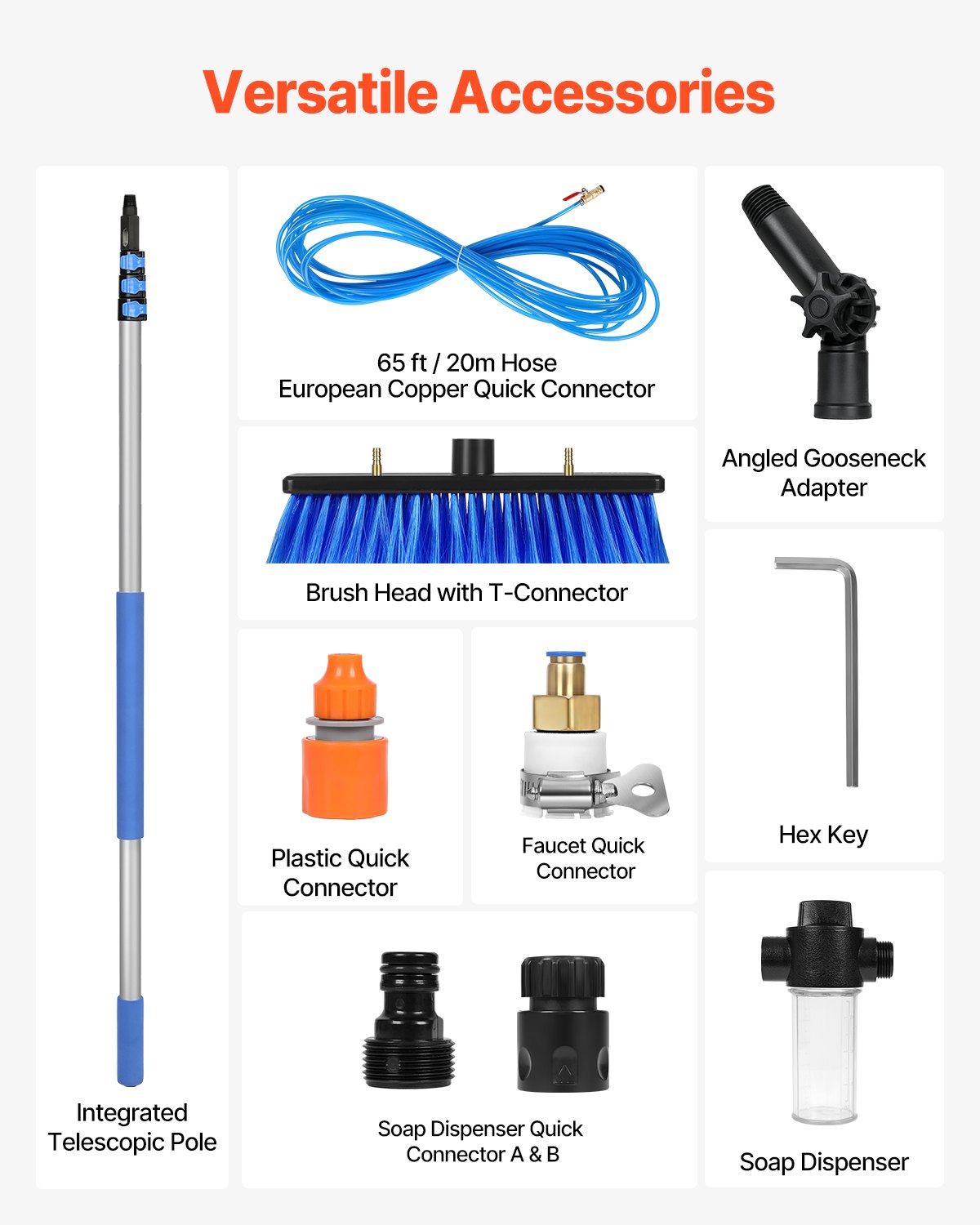 VEVOR Kit Palo Alimentato ad Acqua, Palo per Pulizia dei Pannelli Solari 6 m con Manico Estensibile, Testina della Spazzola Girevole a 180° Tubo Flessibile 20 m, per Ponte Pannello Solare Roulotte