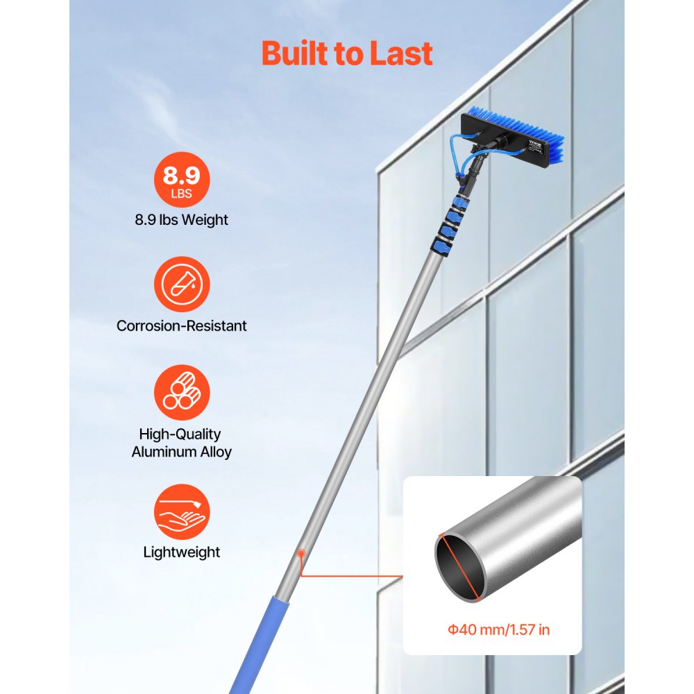 VEVOR Telescopic Washing Brush with Telescopic Handle, 9 m Long Cleaning Pole, 180° Rotating Brush Head & 20 m Hose, Window Cleaning Tool for Household Use & Caravan Solar Panel Decks
