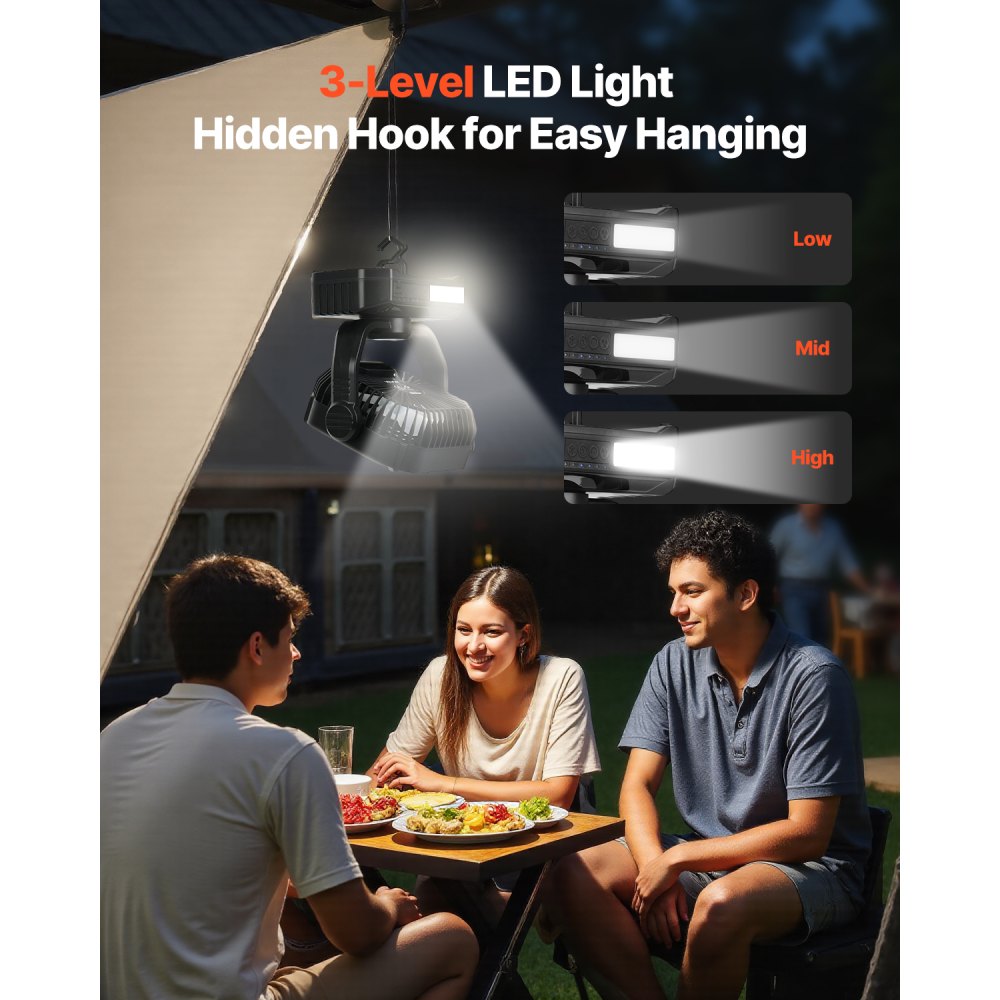 VEVOR Ventilatore Solare da 10400 mAh Ventilatore da Campeggio con Pannello Solare e Lanterna a LED, Batteria Ricaricabile Portatile da 7 W e 20 cm Alimentato per Esterni, 4 Velocità e Silenzioso