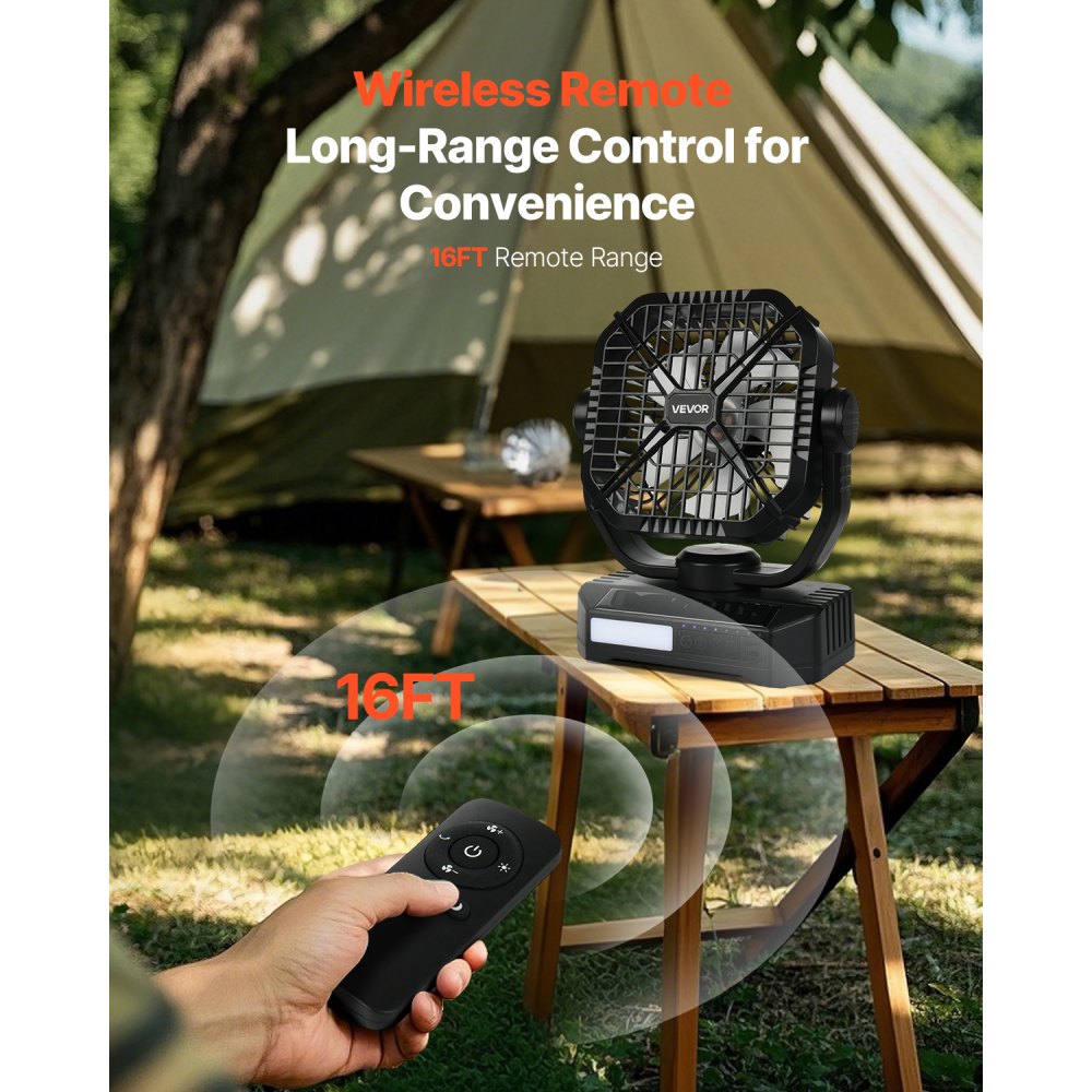 VEVOR Ventilatore Solare da 10400 mAh Ventilatore da Campeggio con Pannello Solare e Lanterna a LED, Batteria Ricaricabile Portatile da 7 W e 20 cm Alimentato per Esterni, 4 Velocità e Silenzioso