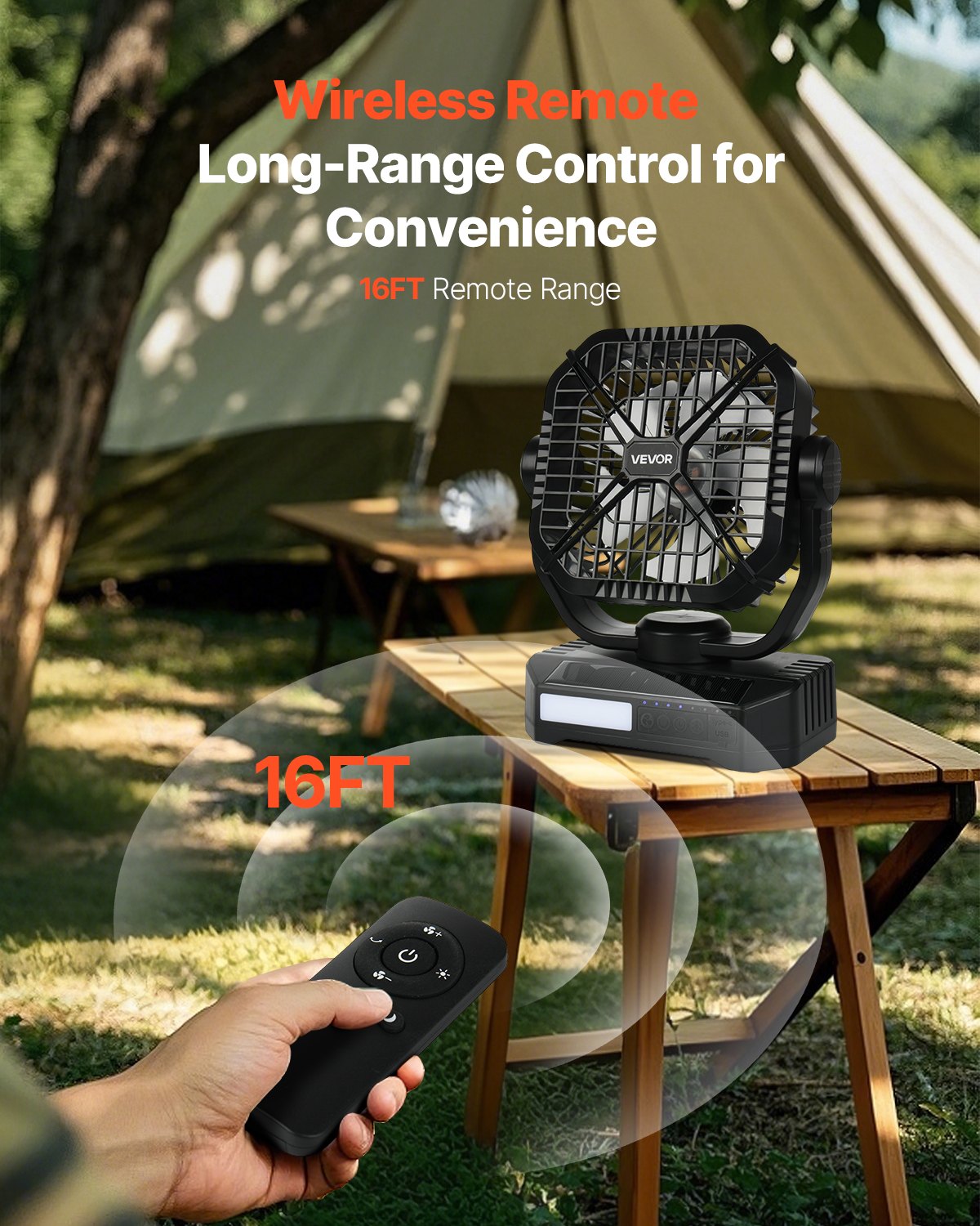 VEVOR Ventilatore Solare da 10400 mAh Ventilatore da Campeggio con Pannello Solare e Lanterna a LED, Batteria Ricaricabile Portatile da 7 W e 20 cm Alimentato per Esterni, 4 Velocità e Silenzioso