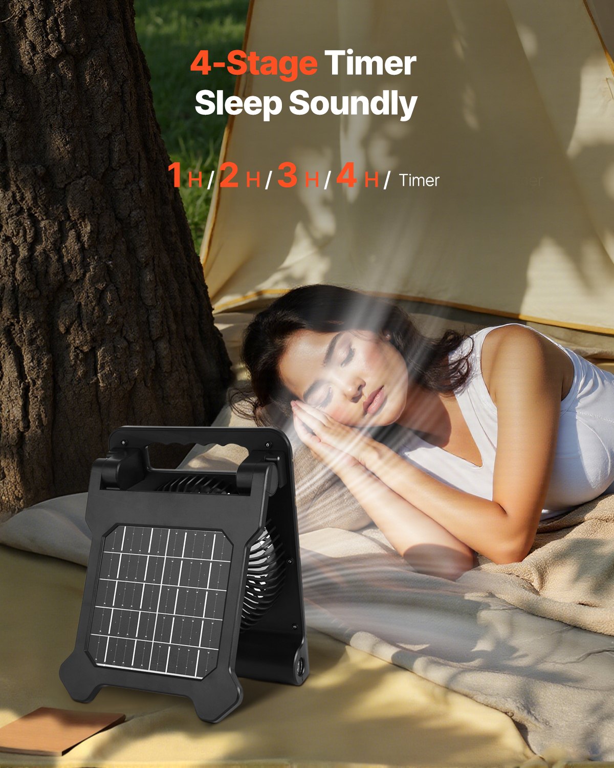 VEVOR Ventilatore Solare Ricaricabile 10000 mAh con Lanterna a LED, Ventilatore Portatile Senza Fili da 18 cm con Pannello Solare Pieghevole da 4 W 4 Velocità, Alimentato a Batteria USB per Campeggio