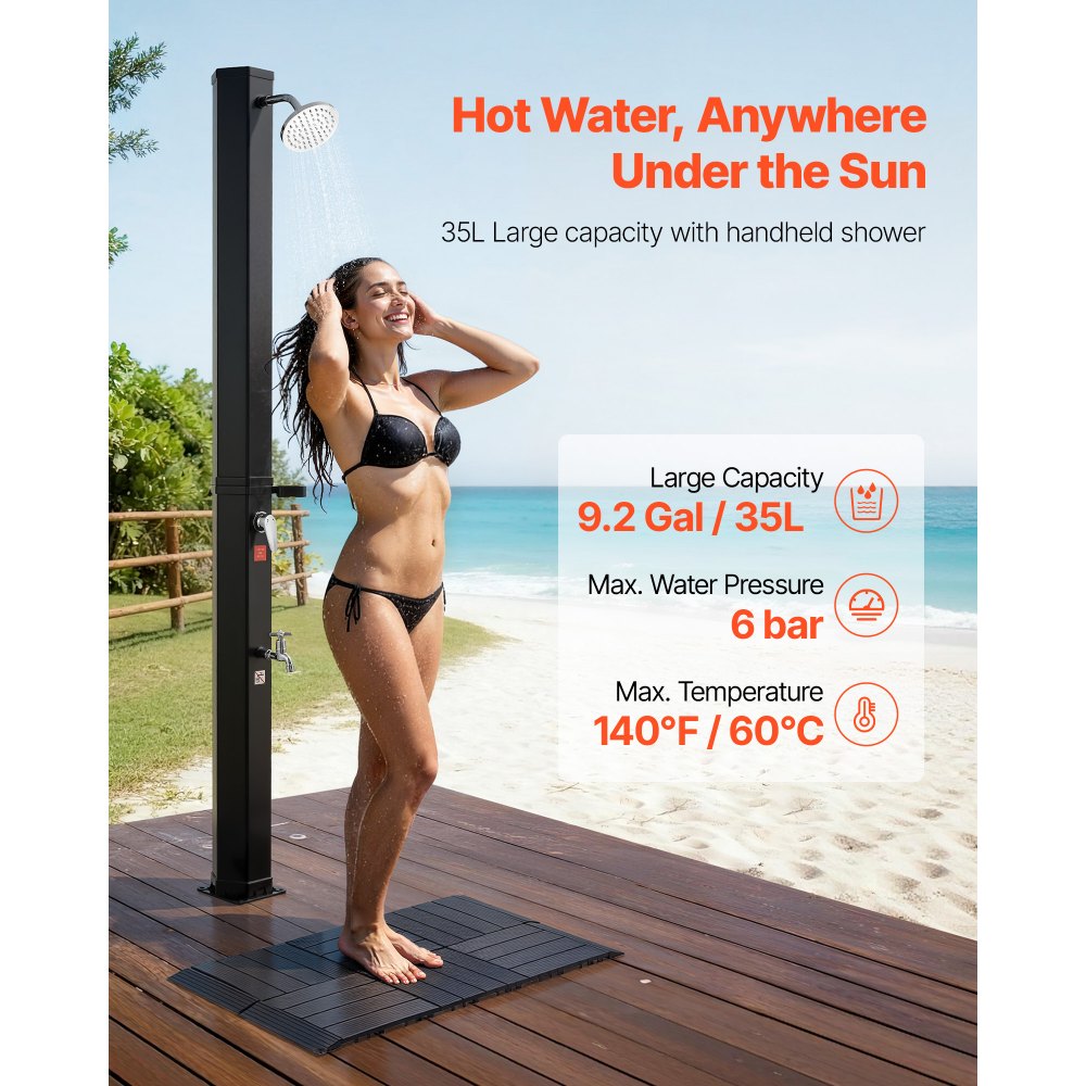 VEVOR Doccia Solare da Giardino 35 L Doccia Esterna Solare con Soffione Regolabile, Tappetino in Plastica, Rubinetto con Acqua Calda e Fredda, per Piscina Spiaggia Campeggio, Altezza 195 cm, Nero