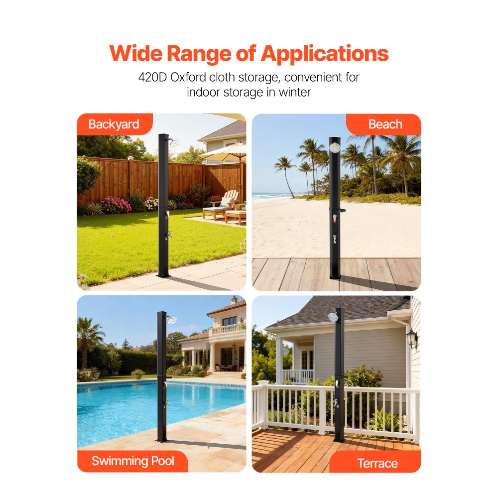 VEVOR Doccia Solare da Giardino 35 L, Doccia Solare da Esterno con Portasapone e Risciacquo per Piedi, Altezza di Soffione a Pioggia 195 cm, Acqua Calda Max. 60°C, per Piscina Spiaggia Campeggio, Nero