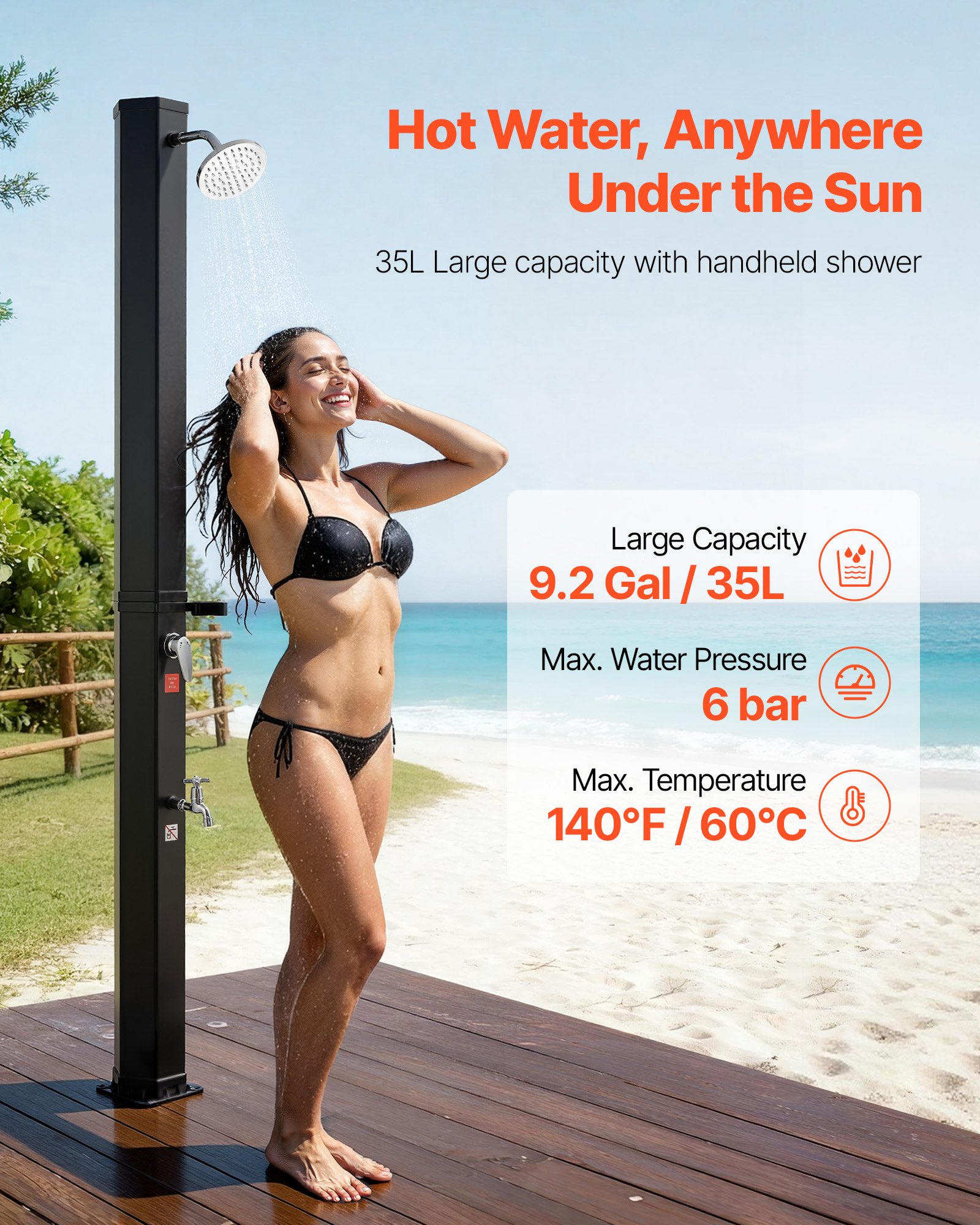 VEVOR Doccia Solare da Giardino 35 L, Doccia Solare da Esterno con Portasapone e Risciacquo per Piedi, Altezza di Soffione a Pioggia 195 cm, Acqua Calda Max. 60°C, per Piscina Spiaggia Campeggio, Nero