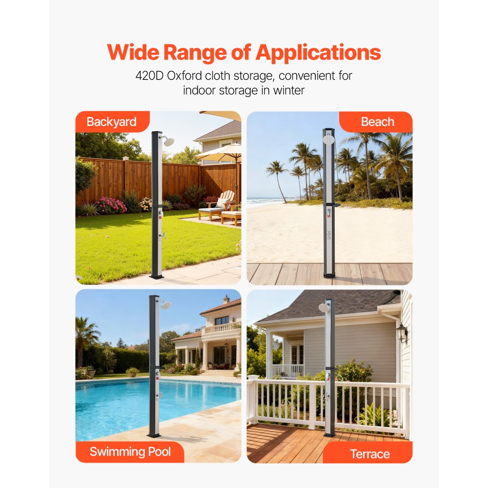 VEVOR Doccia Solare da Giardino 35 L, Doccia Esterna Solare con Soffione Regolabile, Tappetino Antiscivolo, Rubinetto con Acqua Calda e Fredda, Altezza 195 cm per Piscina Spiaggia, Nero e Argento