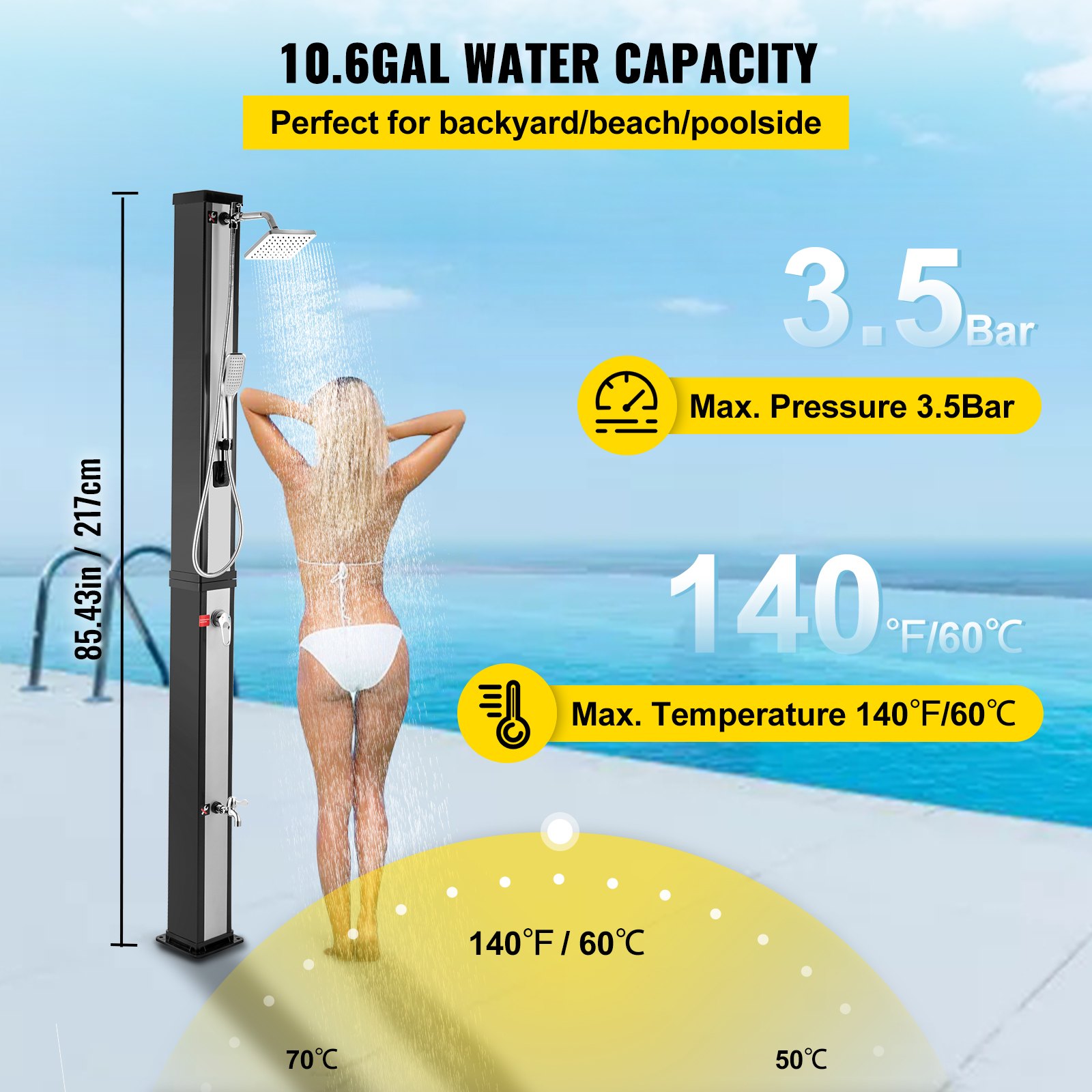 VEVOR Doccia Riscaldata a Energia Solare Materiale in PVC ABS Cromato Colore d'Argento, Doccia Solare capacità 40 Litri, 2 Colonna di Doccia per Giardino, Cortile, Spiaggia, Spa a Bordo Piscina, ECC.