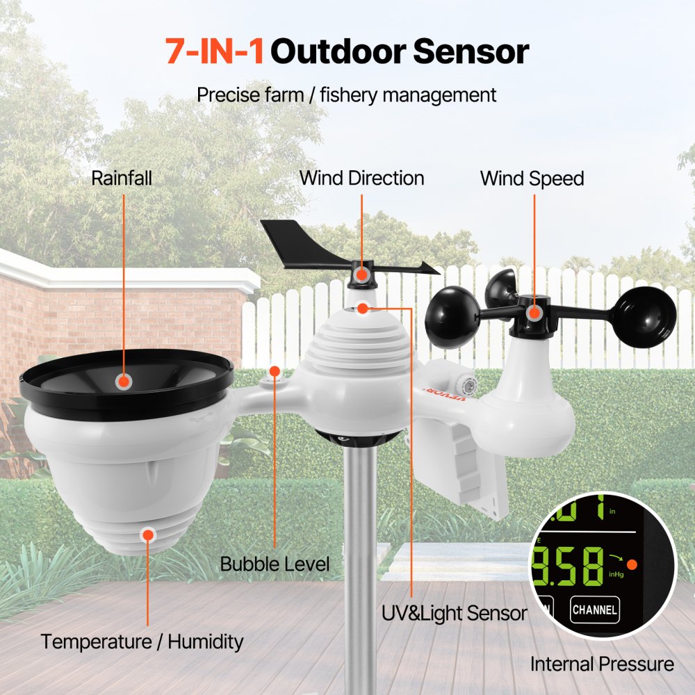 VEVOR Professional WiFi Weather Station 7-in-1 Solar Powered Weather Center 7.5-inch Display 150m Transmission Range Outdoor Sensor for Wind Speed Wind Direction Temperature Humidity Rainfall