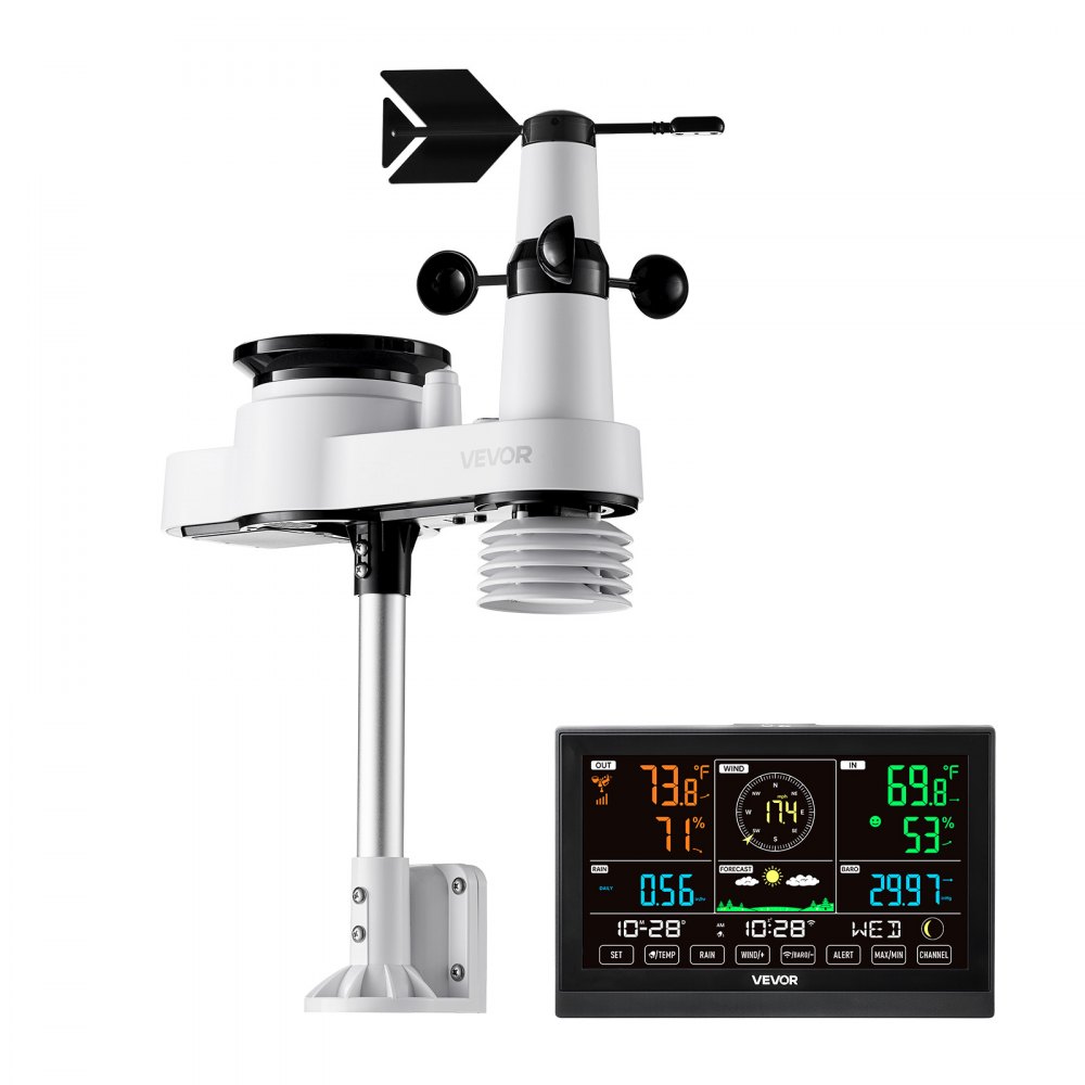 VEVOR Stazione Meteorologica Wi-Fi, Schermo VA da 190 mm, Sensore Esterno Wireless Alimentato a Energia Solare, Pluviometro, per Previsioni del Tempo, Temperatura, Umidità, Precipitazioni
