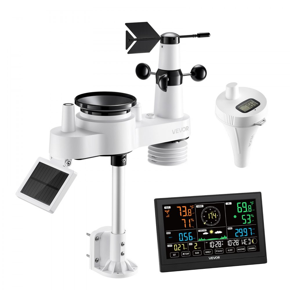 VEVOR Stazione Meteorologica Wi-Fi con APP, Display VA da 190 mm, Sensore Esterno Wireless Alimentato a Energia Solare, Pluviometro, con Termometro per Piscina per Previsioni del Tempo Temperatura