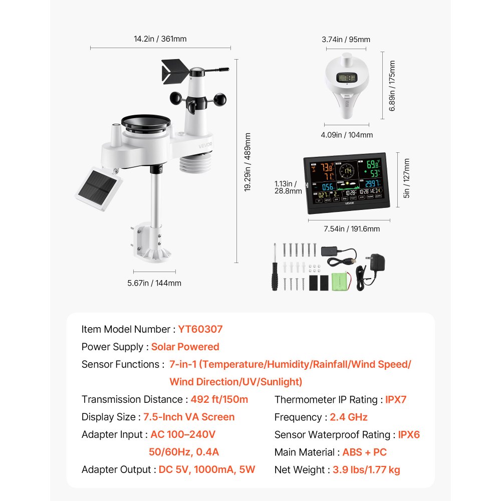 VEVOR 7-in-1 Wi-Fi Weather Station with APP, 190.5 mm Display, Wireless Solar Powered Outdoor Sensor, with Pool Thermometer, Rain Gauge, Indoor Outdoor for Weather Forecast Wind Speed Pool Temperature
