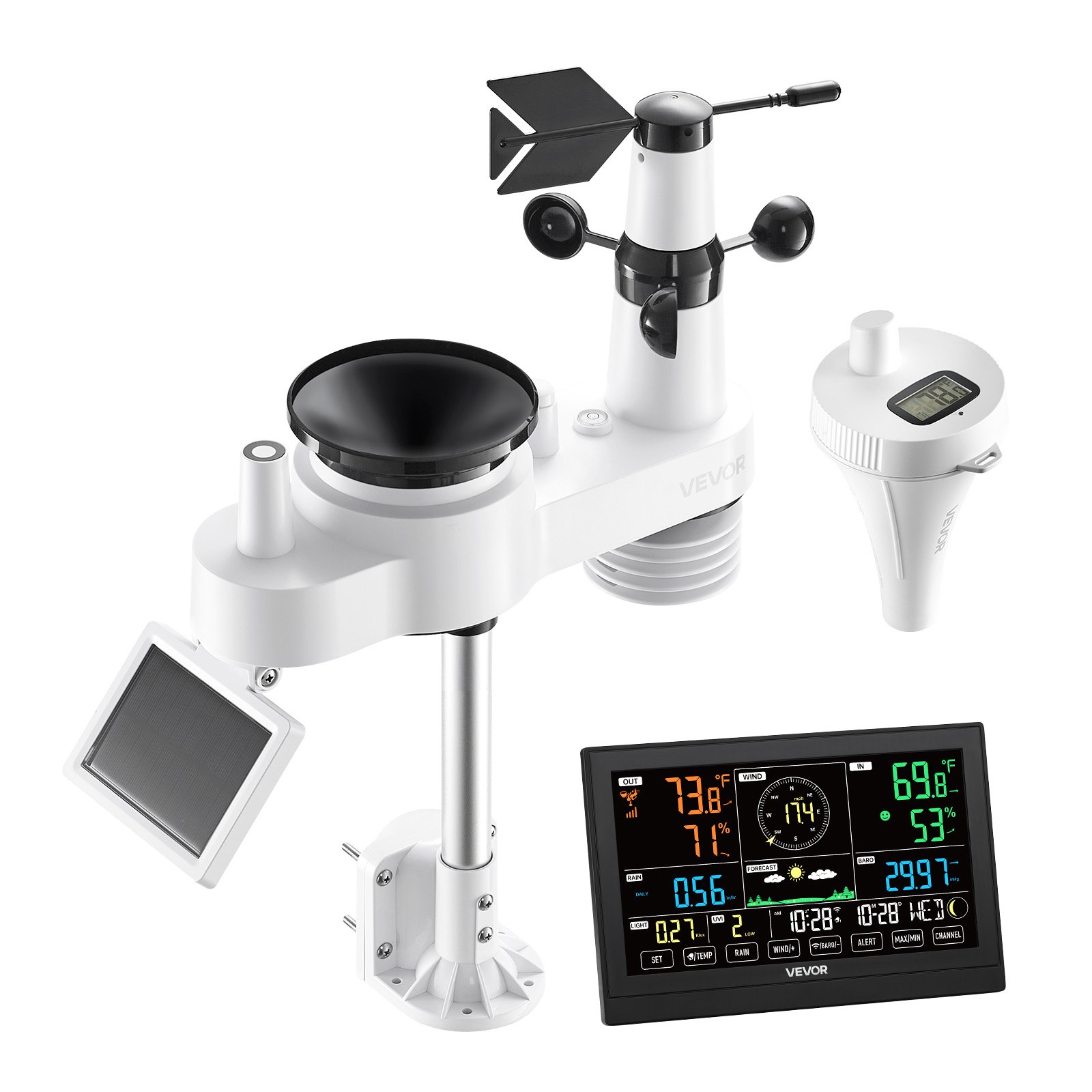 VEVOR Stazione Meteorologica Wi-Fi con APP, Display VA da 190 mm, Sensore Esterno Wireless Alimentato a Energia Solare, Pluviometro, con Termometro per Piscina per Previsioni del Tempo Temperatura
