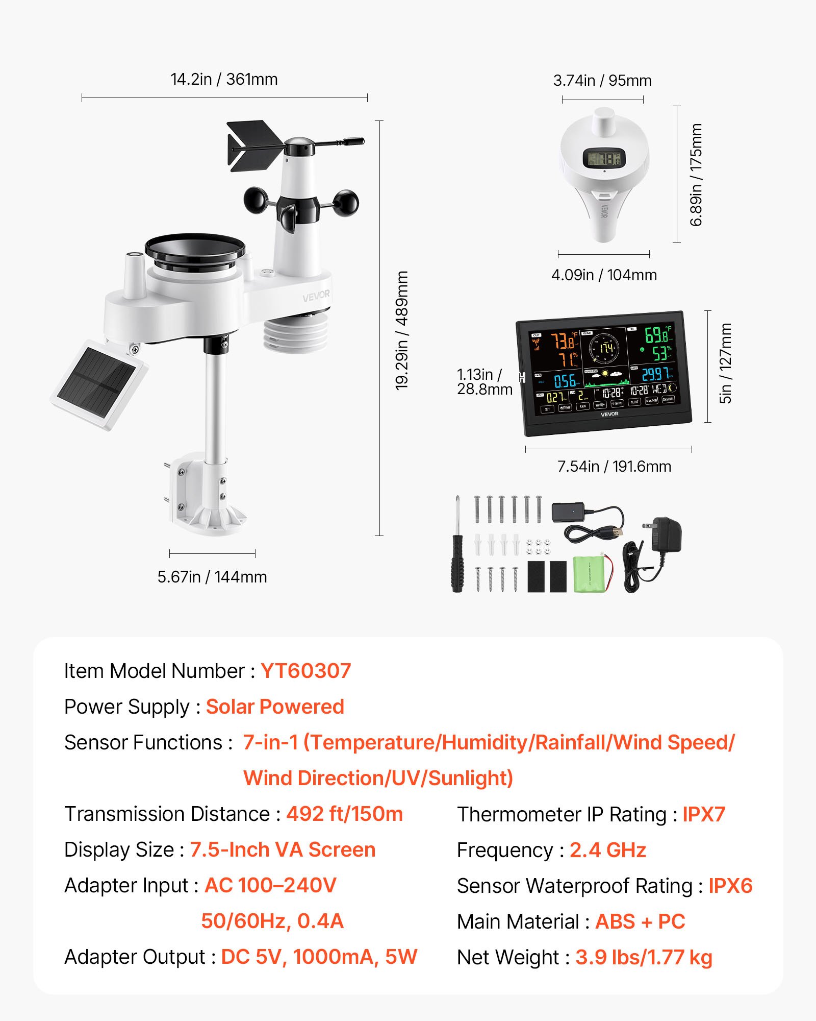 VEVOR 7-in-1 Wi-Fi Weather Station with APP, 190.5 mm Display, Wireless Solar Powered Outdoor Sensor, with Pool Thermometer, Rain Gauge, Indoor Outdoor for Weather Forecast Wind Speed Pool Temperature