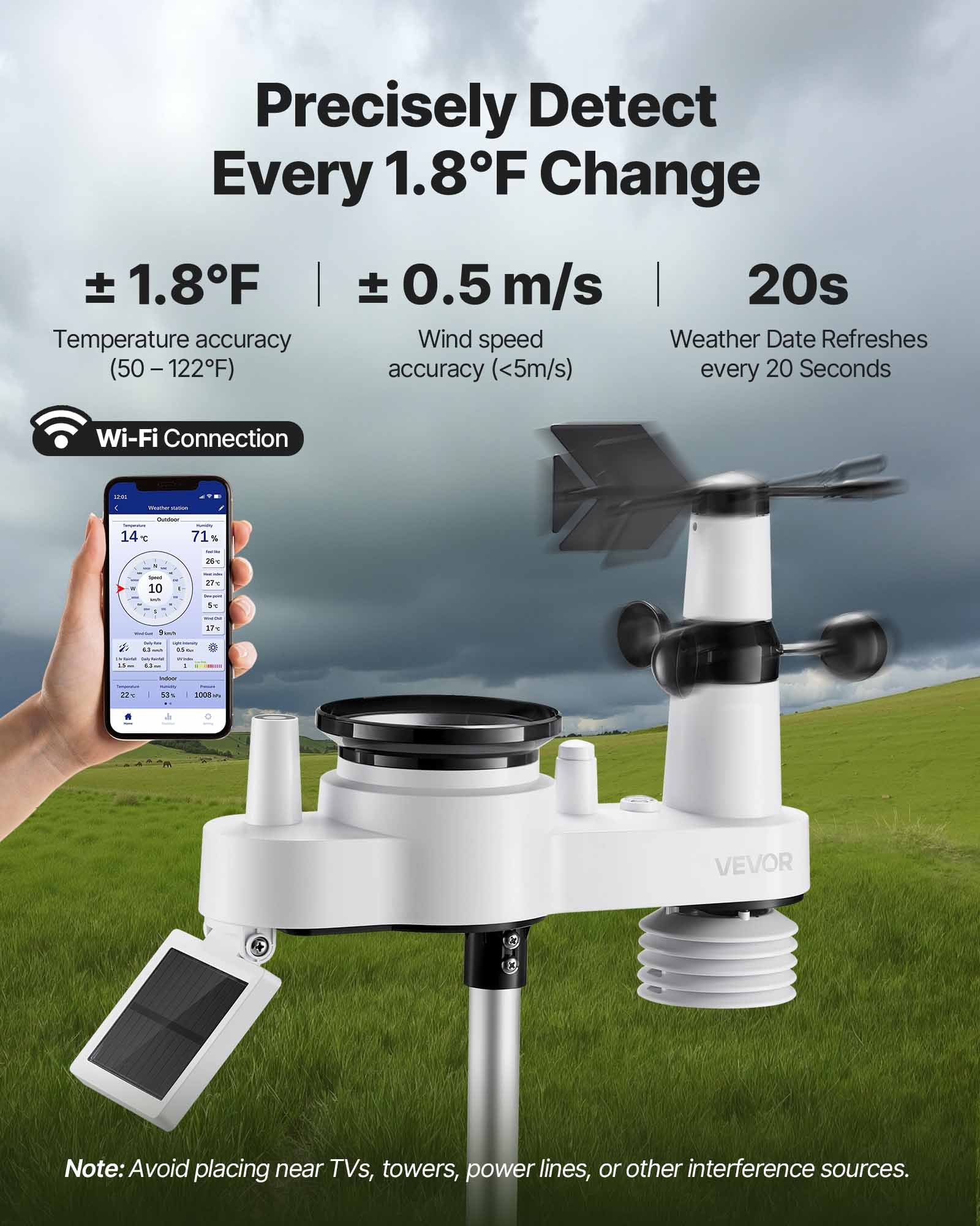 VEVOR Stazione Meteorologica Wi-Fi, Schermo TFT da 185,9 x 137,4 x 28,5 mm, Sensore Esterno Wireless Alimentato a Energia Solare, Pluviometro, per Interni ed Esterni per Previsioni del Tempo