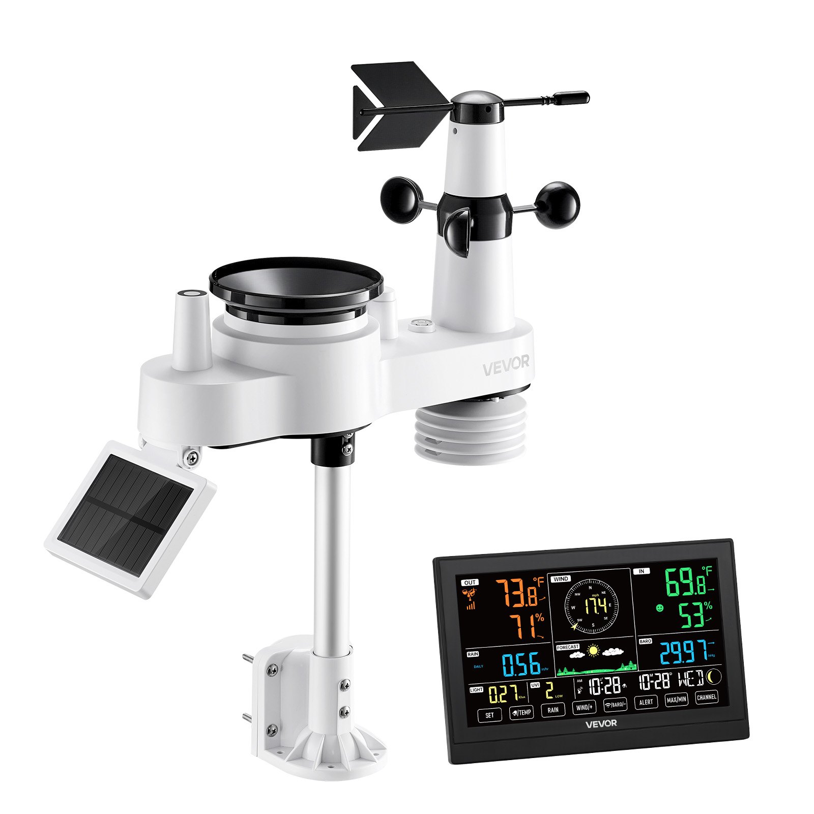 VEVOR Stazione Meteorologica Wireless Senza WIFI, Display VA 190,5 mm, Sensore Esterno a Energia Solare, Pluviometro, per Interni ed Esterni, 7 Funzioni per Previsioni del Tempo, Temperatura, Umidità