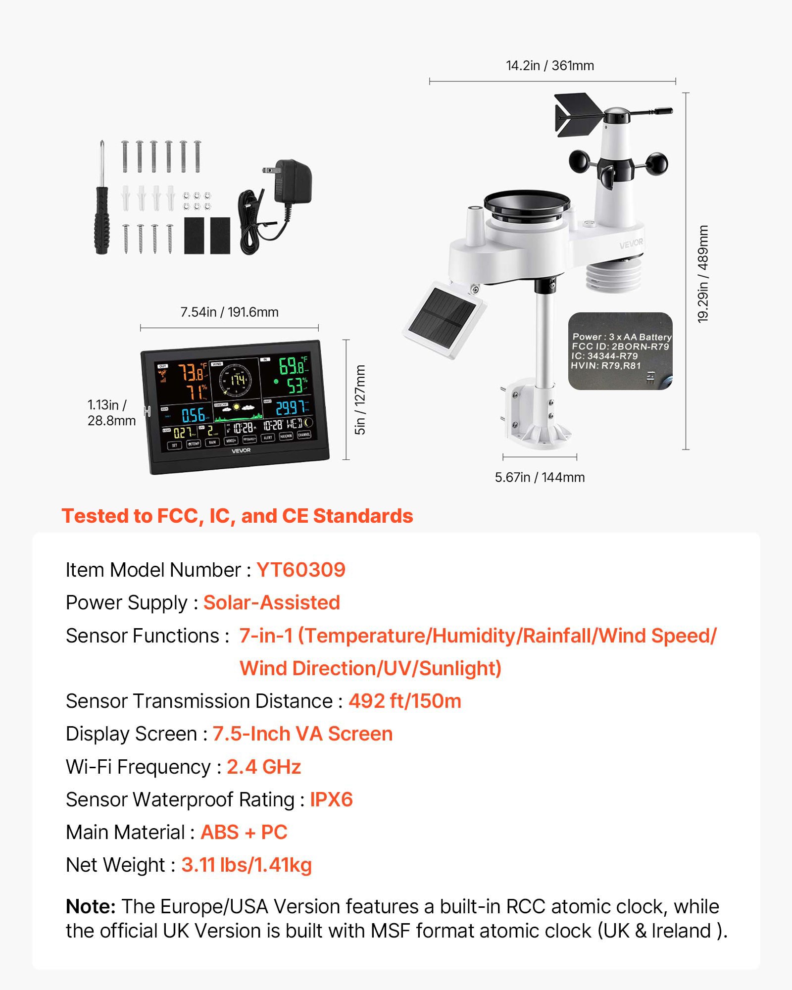 VEVOR Stazione Meteorologica Wireless Senza WIFI, Display VA 190,5 mm, Sensore Esterno a Energia Solare, Pluviometro, per Interni ed Esterni, 7 Funzioni per Previsioni del Tempo, Temperatura, Umidità