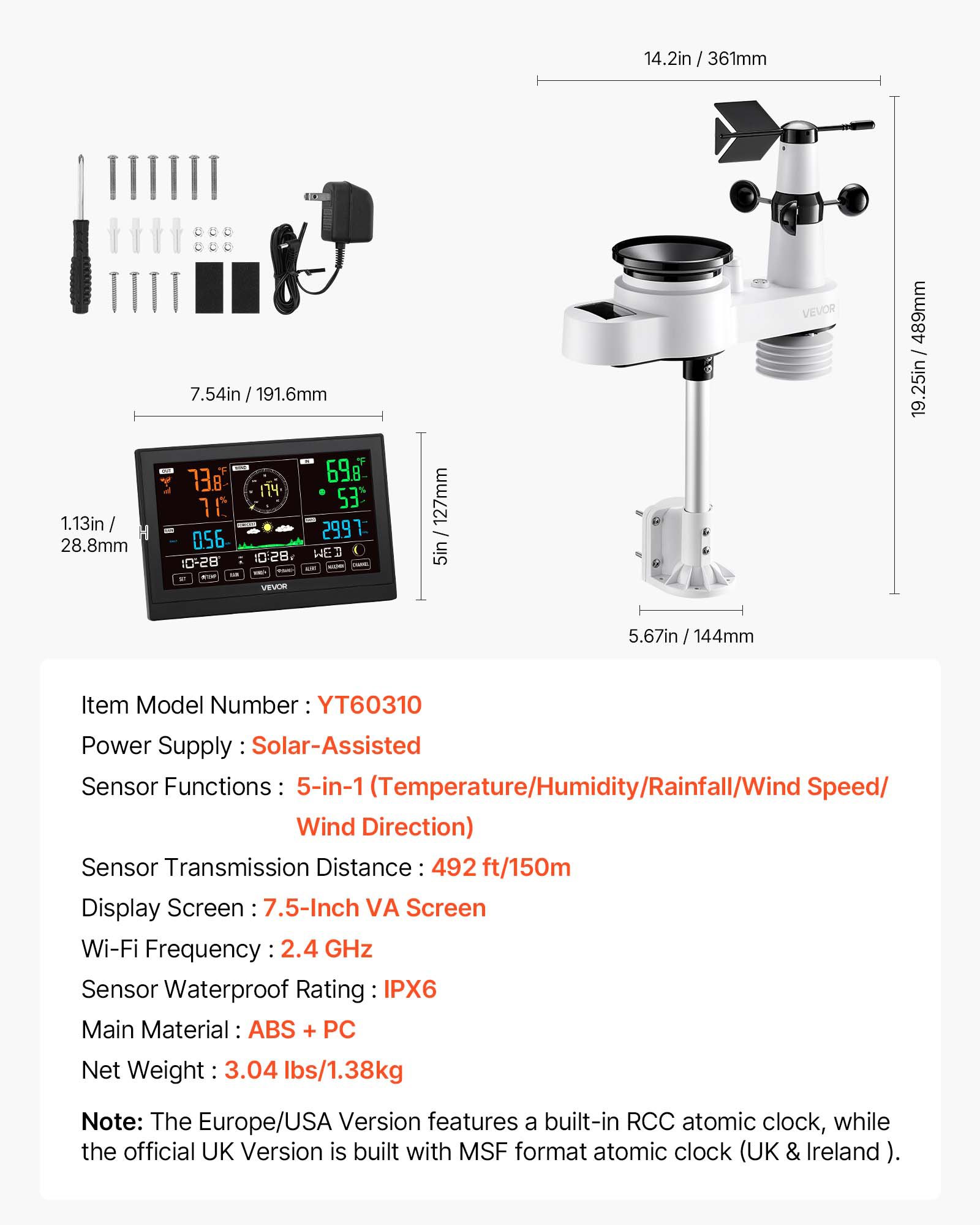 VEVOR 5-in-1 Wireless Weather Station, 190.5 mm VA Display, Solar Powered Outdoor Sensor, Rain Gauge, Indoor Outdoor for Weather Forecast, Temperature, Humidity, Wind Speed and Direction (No WiFi)