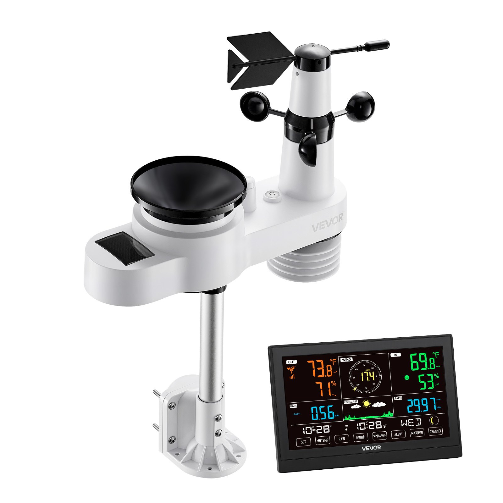 VEVOR Stazione Meteorologica Wireless Senza WIFI, Display VA da 190,5 mm, Sensore Esterno a Energia Solare, Pluviometro, per Interni ed Esterni, 5 Funzioni Previsioni del Tempo, Temperatura, Umidità