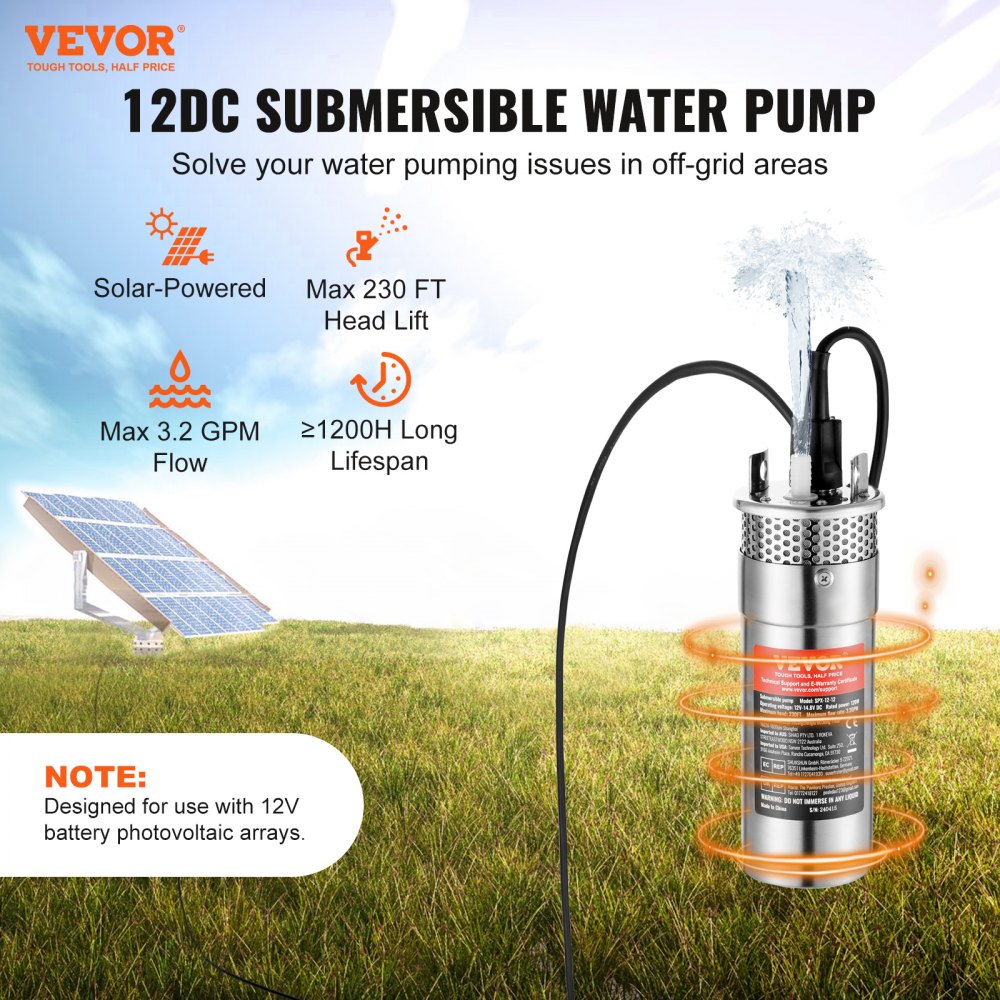 VEVOR Pompa Acqua Solare, Pompa Sommergibile Pozzi Profondi da 120 W, 12 V CC, 3,2 GPM, Sollevamento 70 m, Immersione Massima 30 m, Pompa Acqua Energia Solare Pozzi, Fattorie, Ranch, Irrigazione