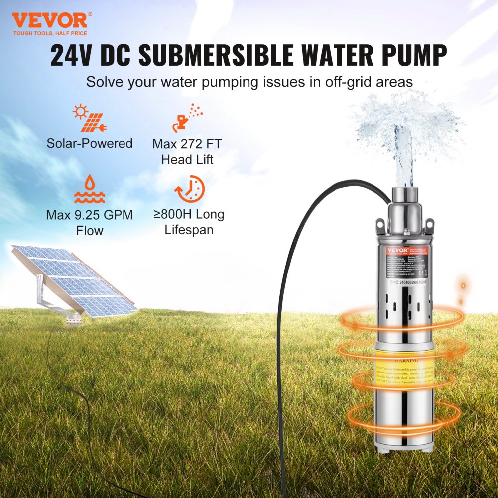 VEVOR Pompa Sommergibile Solare 277 W Pompa Sommergibile per Pozzi Profondi 24 V CC Portata 2,1 m³/h Prevalenza Massima 83 m Immersione Massima 20 m Irrigazione di Pascolo, Abbeveraggio del Bestiame