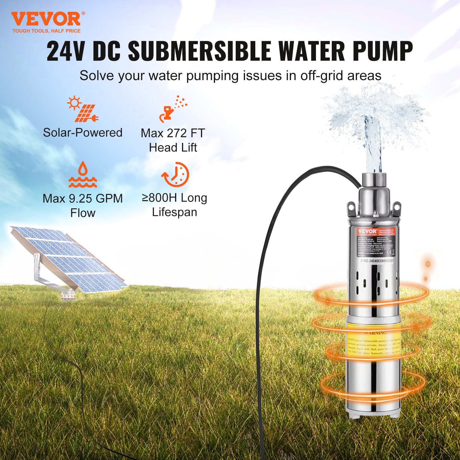VEVOR Pompa Sommergibile Solare 277 W Pompa Sommergibile per Pozzi Profondi 24 V CC Portata 2,1 m³/h Prevalenza Massima 83 m Immersione Massima 20 m Irrigazione di Pascolo, Abbeveraggio del Bestiame