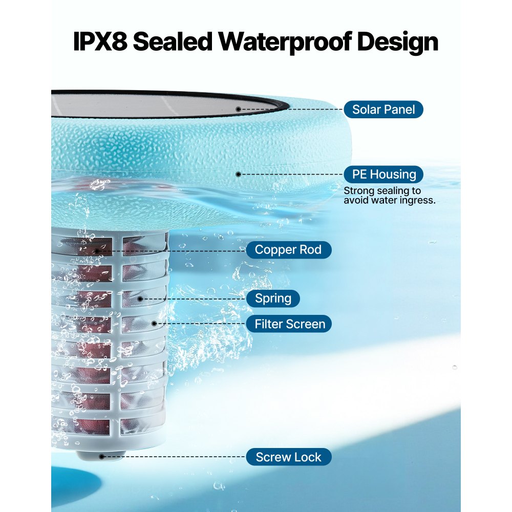 VEVOR Ionizzatore Solare per Piscina Purificatore per Acqua Piscina Purificatore Forma Esagonale max. 170343 L, Ionizzatore ad Energia Solare Galleggiante per Piscina SPA Vasca Idromassaggio