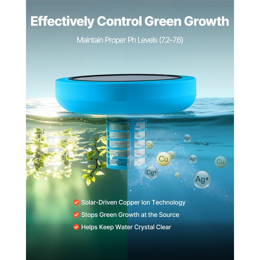 VEVOR Solar Pool Ionizer, Round Copper Pool Ionizer Up to 132489 L, Floating Automatic Water Cleaner and Purifier, Chlorine Free Water, with Copper Anode, Spring, Brush and Filter for Pools & Spas