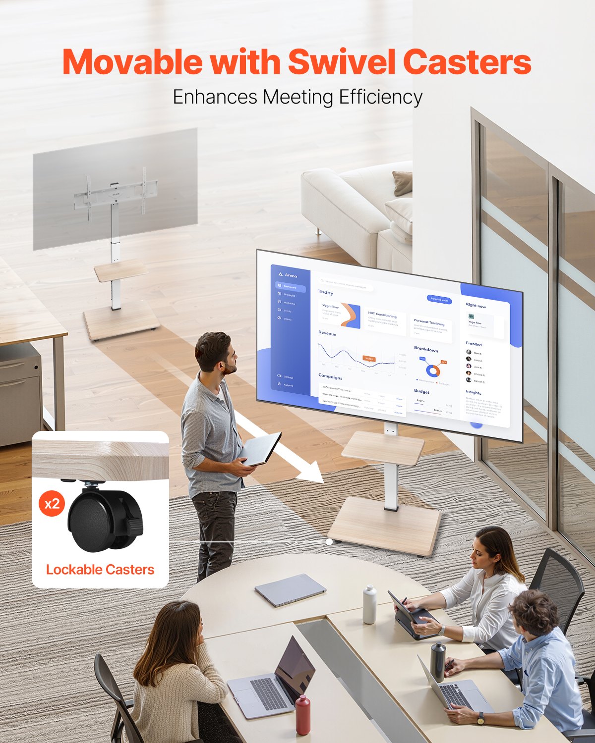 VEVOR Rolling TV Stand for 812.8-1778 mm TVs up to 40 kg, 25° Left-Right Rotation & Height-Adjustable TV Mount with Shelf for Bedroom Living Room (max. 600 x 400 mm)