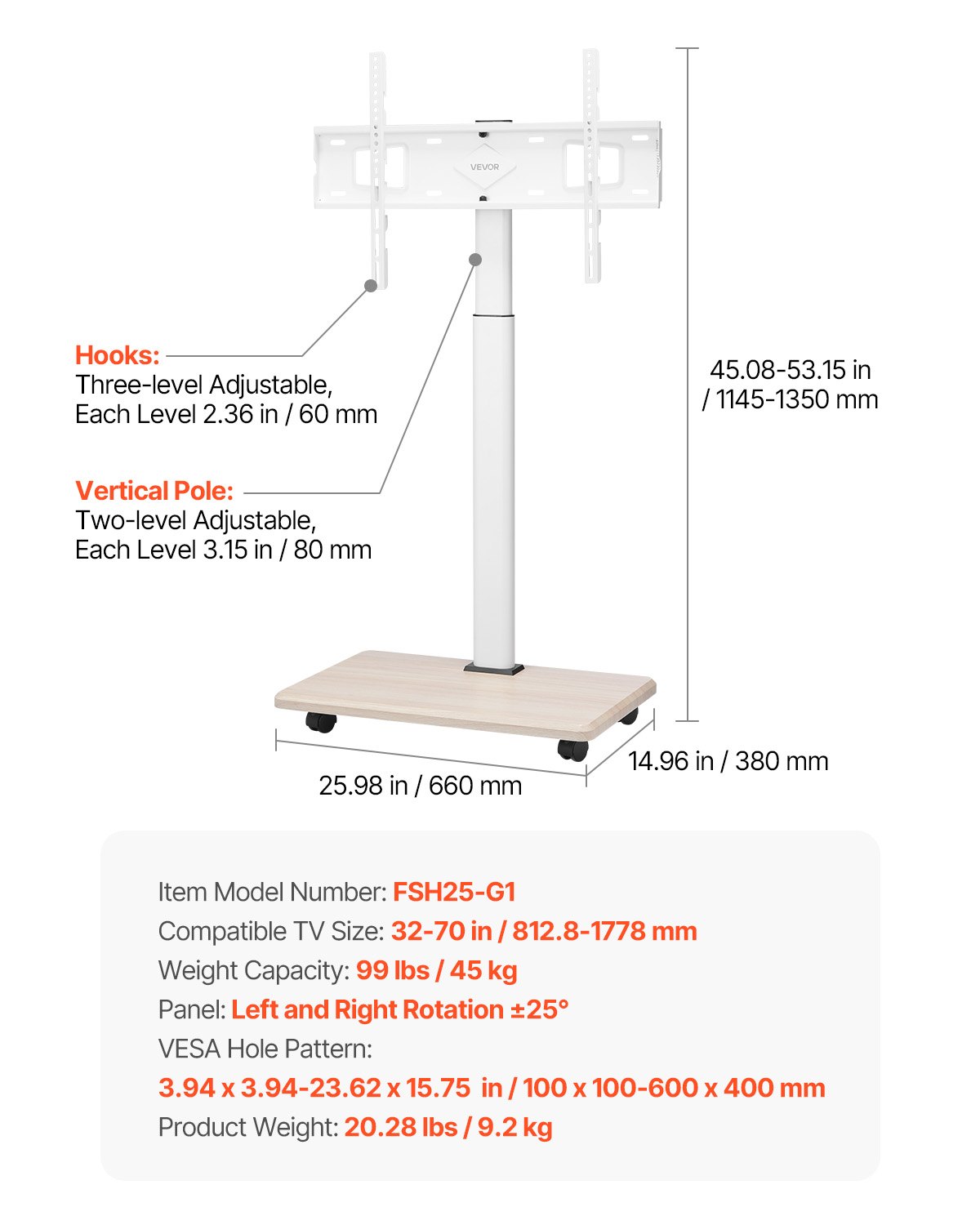 VEVOR Rolling TV Stand/Cart for 812.8-1778 mm TVs up to 45 kg, 25° Left-Right Rotation & Height-Adjustable TV Mount with Shelf for Corner Bedroom Living Room (max. 600 x 400 mm)
