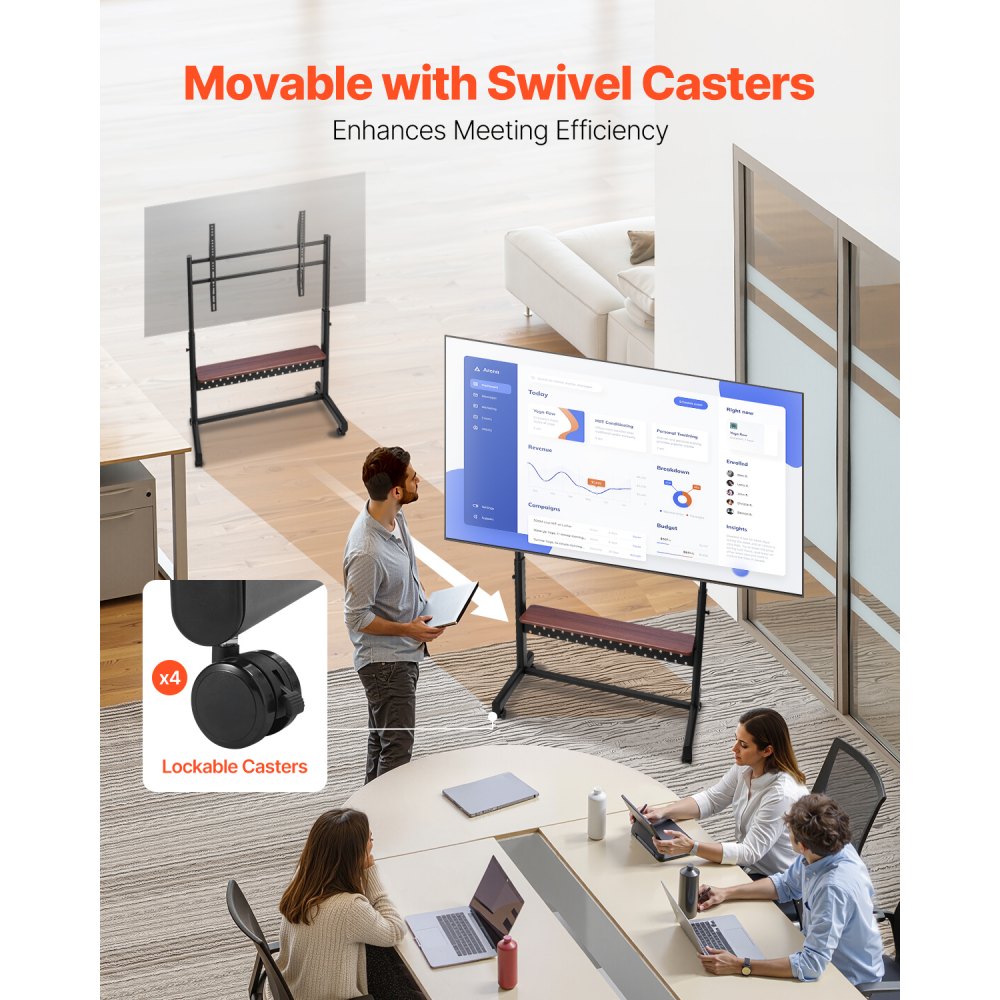 VEVOR Rolling TV Stand TV Cart for 1397-2540 mm Screens, Height-Adjustable Portable Monitor Stand with Shelf, Supports up to 92.99 kg, for Living Room, Bedroom, Office (Max VESA 800 x 600 mm)