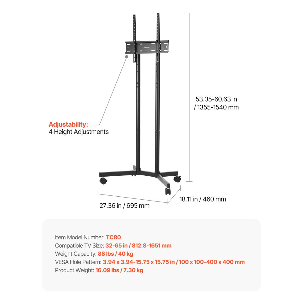 VEVOR Supporto TV da Pavimento per Schermo Piatto Curve da 812,8-1651 mm, Supporto Porta TV Altezza Regolabile max. 40 kg max. VESA 400 x 400 mm per Soggiorno Camera da Letto Ufficio