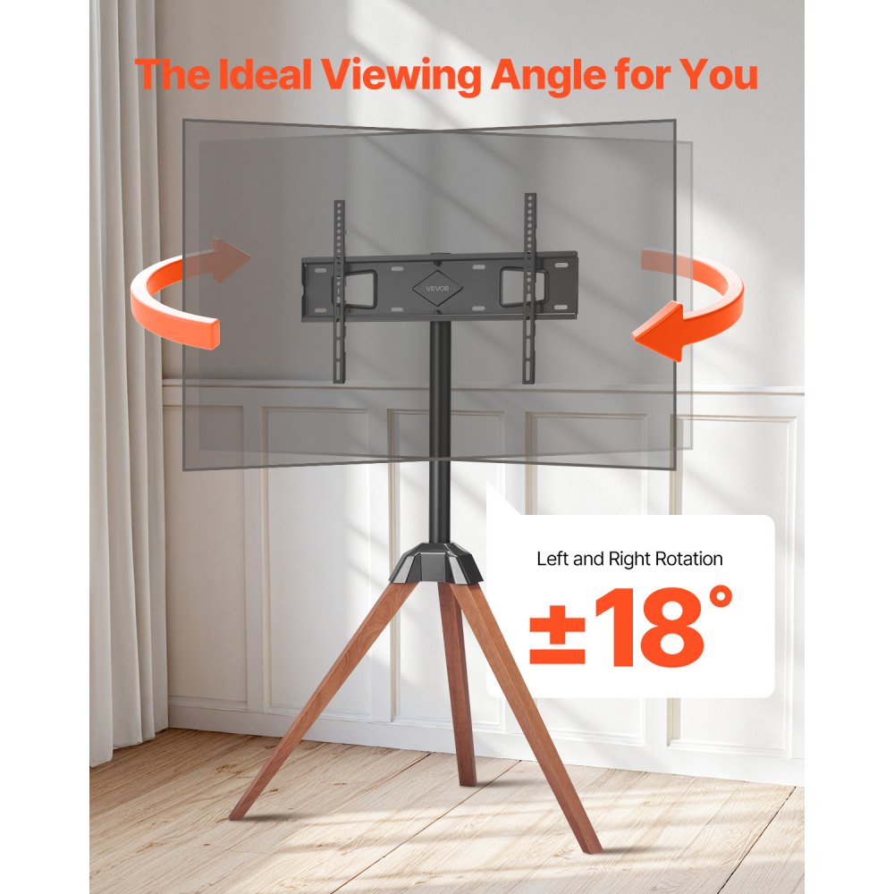 VEVOR TV Stand with Tripod Easel for 1016-1651 mm Flat & Curved TVs up to 45 kg, 18° Left-Right Rotation, Portable TV Stand with Wooden Legs for Bedroom, Living Room, Studio