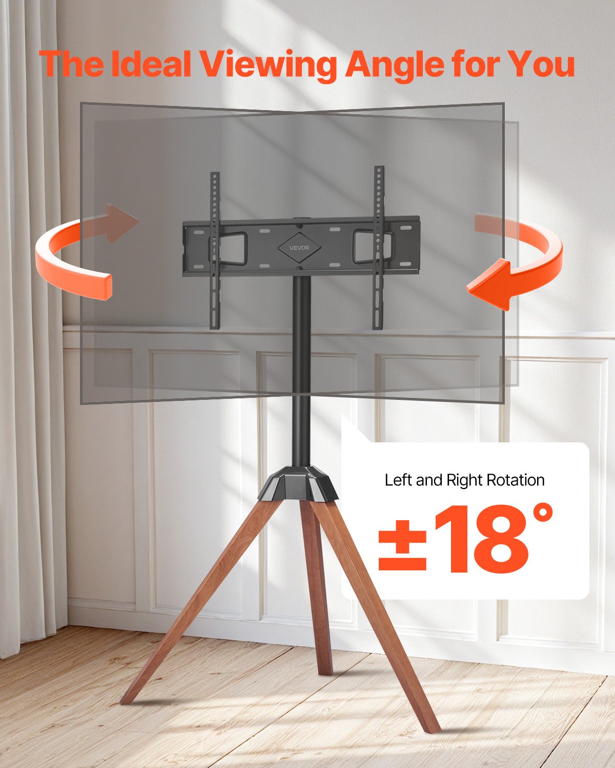 VEVOR TV Stand with Tripod Easel for 1016-1651 mm Flat & Curved TVs up to 45 kg, 18° Left-Right Rotation, Portable TV Stand with Wooden Legs for Bedroom, Living Room, Studio