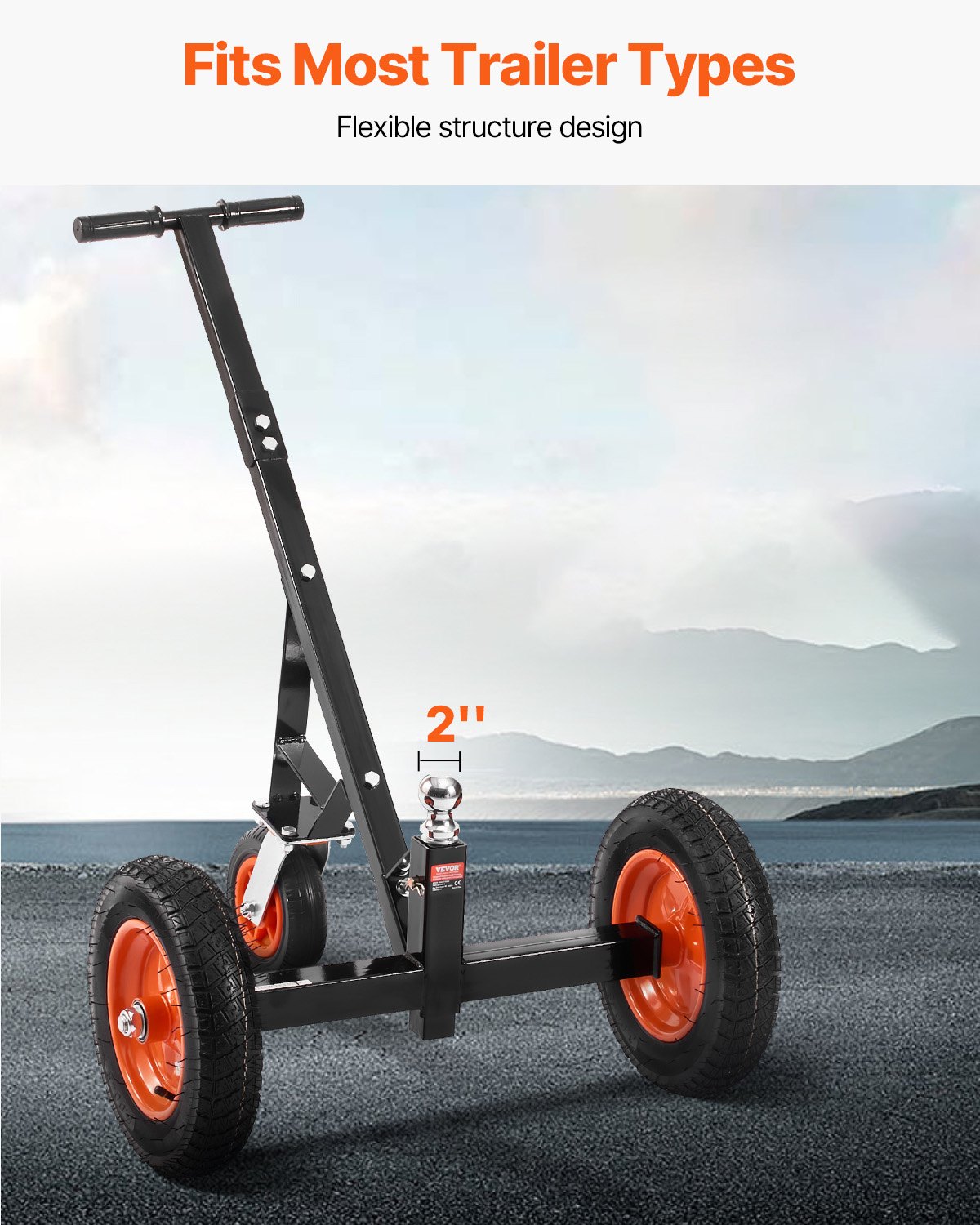 VEVOR Carrello per Rimorchio in Acciaio al Carbonio Regolabile in Altezza 42,5 cm a 56 cm, Sfera di Attacco e Pneumatici, Trasportatore Spostamento Rimorchi per Camper, Capacità 454 kg