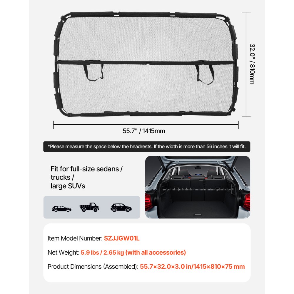 VEVOR Barriera per Auto per Cani Universale, Divisorio per Auto per Montaggio sul Sedile Anteriore da 1415 mm Barriera per Animali Domestici per Veicoli con Rete Trasparente, per Camion e SUV, Nero