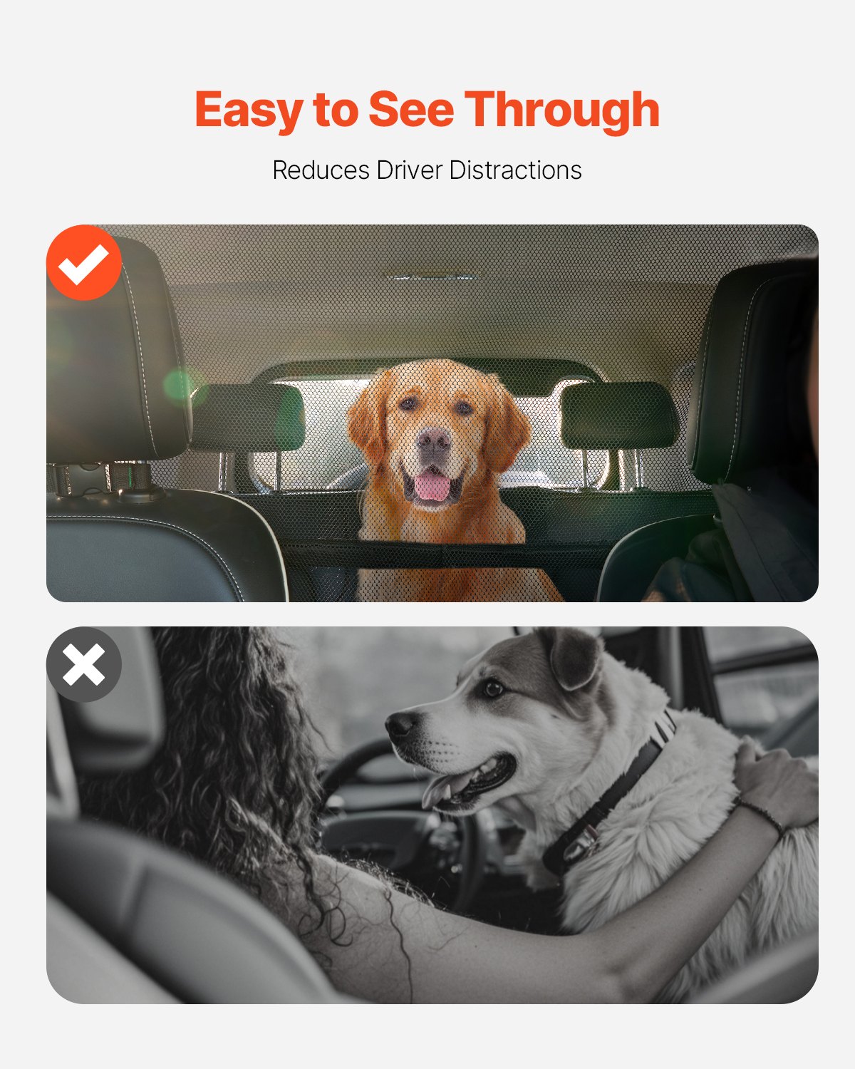VEVOR Barriera per Auto per Cani Universale, Divisorio per Auto per Montaggio sul Sedile Anteriore 1280 mm di Larghezza, Barriera per Animali Domestici per Veicoli con Rete Trasparente, per SUV, Nero