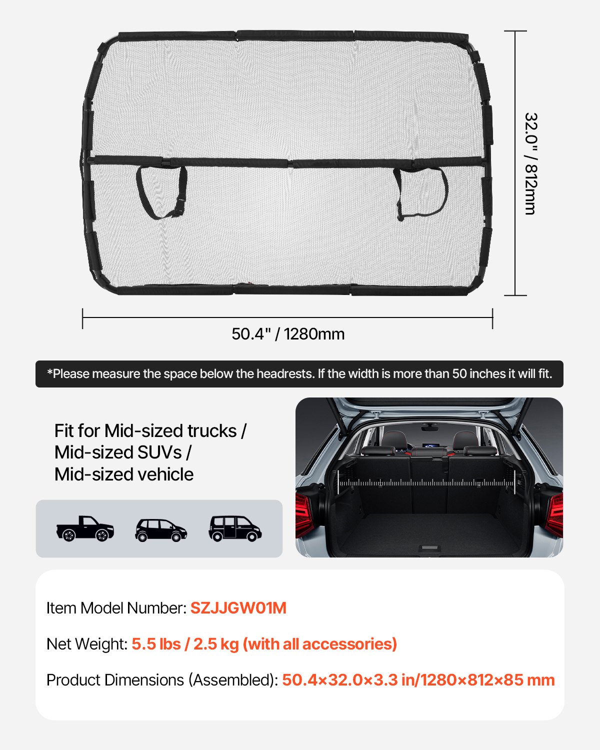 VEVOR Barriera per Auto per Cani Universale, Divisorio per Auto per Montaggio sul Sedile Anteriore 1280 mm di Larghezza, Barriera per Animali Domestici per Veicoli con Rete Trasparente, per SUV, Nero