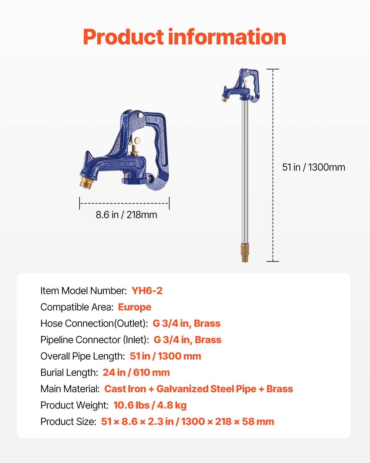 VEVOR Idrante da Giardino Antigelo, Rubinetto Antigelo 1295 mm con Profondità di Interro 610 mm, Attacco per Tubo da G 19 mm, Idrante in Ghisa per Impieghi per Cortile, Giardino, Irrigazione Agricola