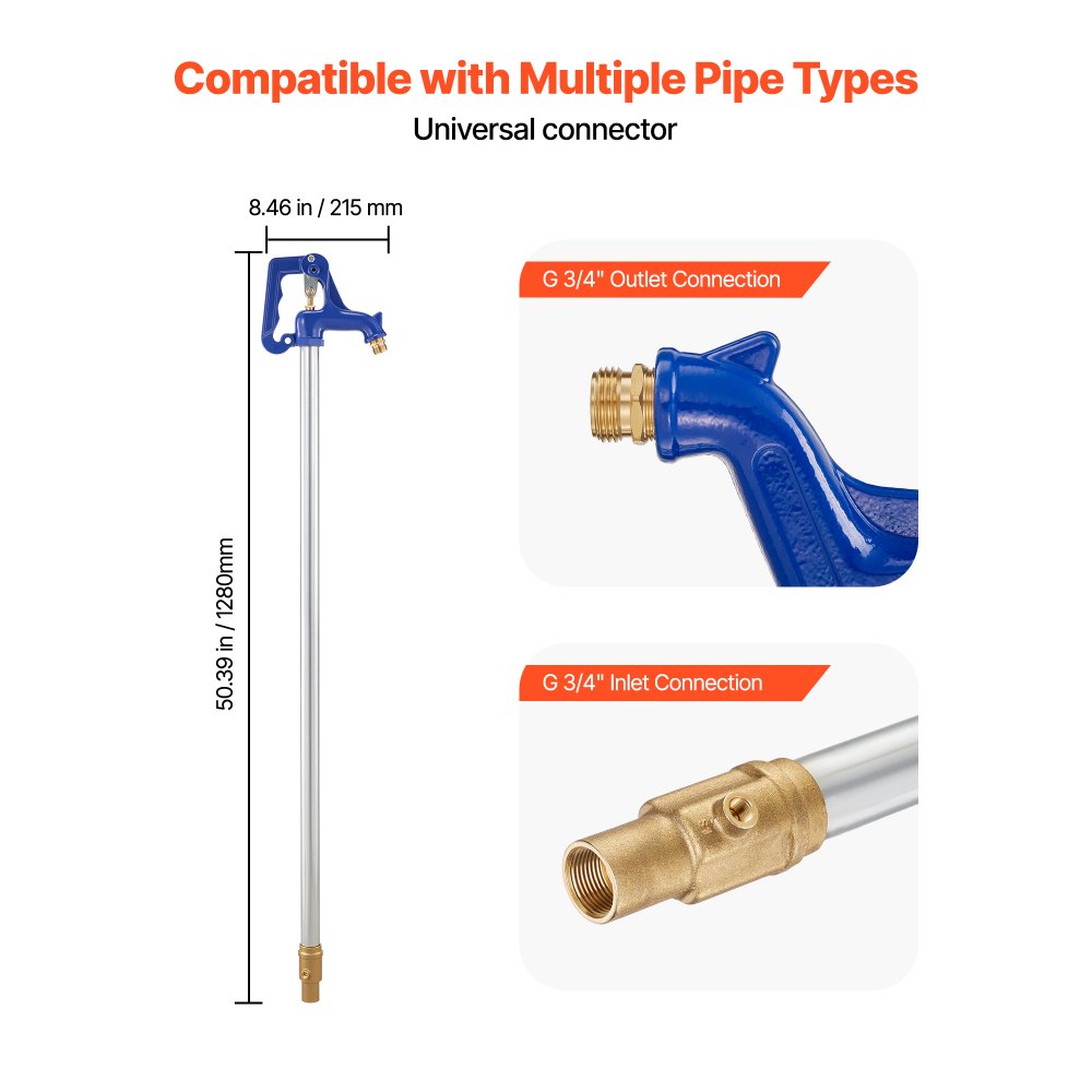 VEVOR Idrante Antigelo da Giardino Rubinetto da Cortile Lunghezza 1280 mm Profondità di Interramento 61 cm Raccordo per Tubo da G 3/4 pollici Idrante Antigelo da Giardino Fattorie Cortile